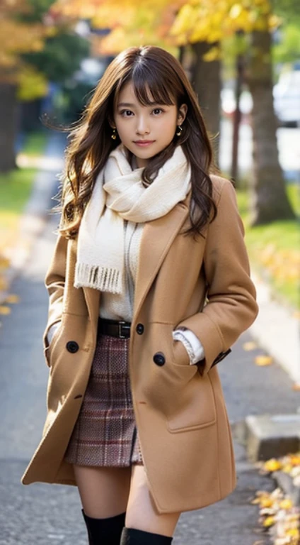 (Photorealistic), (ultra high realistic), (Ultra high definition), (ultra high detailed), (Increase contrast), (Increase saturation), ( girl), (light skinned)A pretty woman with perfect figure, Cute face, beautiful expression, (Lifelike face), Beautiful hairstyle, Realistic eyes, beautiful detail, (real looking skin), Beautiful skins, enticing, The ultra -The high-definition, A hyper-realistic, Realistic, Very detailed, Japanese, Semi-long curly hair, Bangs, (Brown hair), (slim figure), (Cute idol of Japan walking in light brown wool coat and knee-high boots, Tartan check)((a miniskirt:1.2,)) Burberry, Burberry Check Scarf:1.3, knit hat, Fall Winter 2023-2024), (), Gentle smile, Brown hair, ( earrings ), (Supermodel Figures), From below:1.3, In a row of ginkgo trees, Long, Magnificent ginkgo trees lined with autumn leaves on both sides of the road, Autumn, golden leaves, A road with many fallen leaves that look golden:1.3, Filled with fallen leaves:1.3