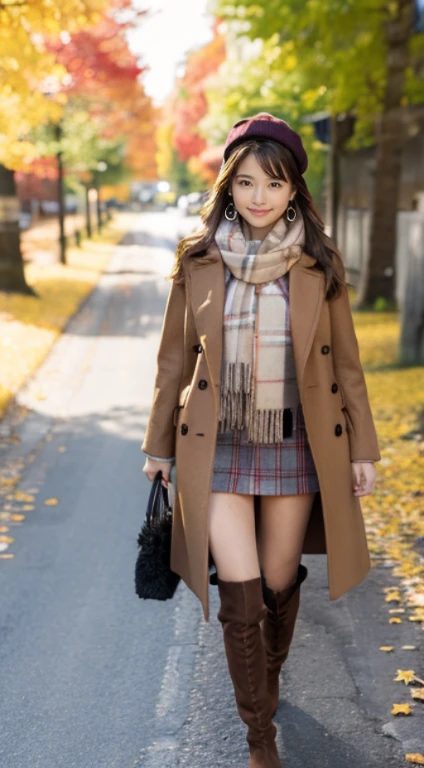(Photorealistic), (ultra high realistic), (Ultra high definition), (ultra high detailed), (Increase contrast), (Increase saturation), ( girl), (light skinned)A pretty woman with perfect figure, Cute face, beautiful expression, (Lifelike face), Beautiful hairstyle, Realistic eyes, beautiful detail, (real looking skin), Beautiful skins, enticing, The ultra -The high-definition, A hyper-realistic, Realistic, Very detailed, Japanese, Semi-long curly hair, Bangs, (Brown hair), (slim figure), (Cute idol of Japan walking in light brown wool coat and knee-high boots, Tartan check)((a miniskirt:1.2,)) Burberry, Burberry Check Scarf:1.3, knit hat, Fall Winter 2023-2024), (), Gentle smile, Brown hair, ( earrings ), (Supermodel Figures), From below:1.3, In a row of ginkgo trees, Long, Magnificent ginkgo trees lined with autumn leaves on both sides of the road, Autumn, golden leaves, A road with many fallen leaves that look golden:1.3, Filled with fallen leaves:1.3