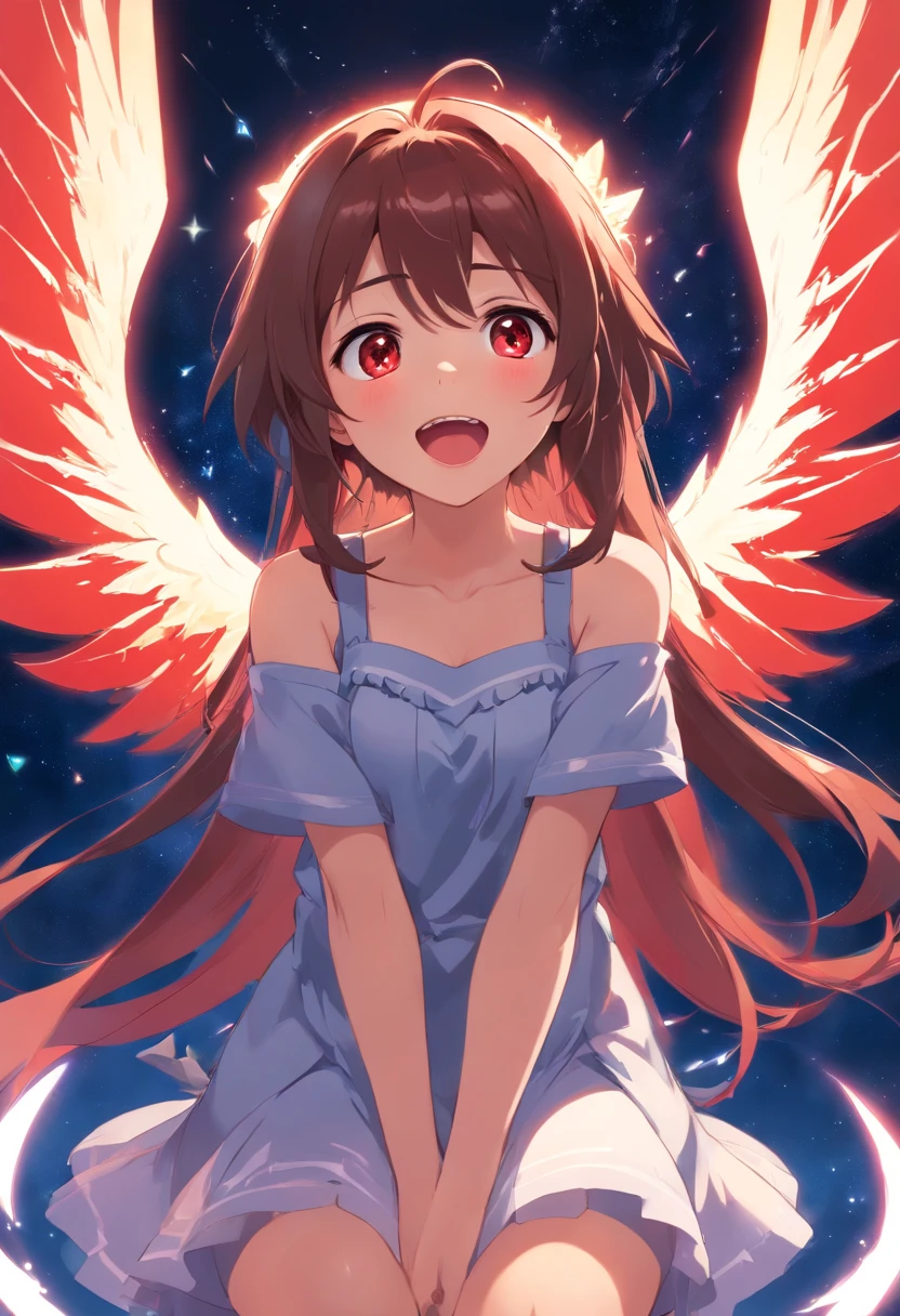 reallistic、Movie Still、Wine Red Dress,Angel Girl、Kindergarten girl showing off her beautiful butt ,floating in sky、(a closeup:1.1)、with light glowing、With smiling eyes、A delightful、Warm and soft lighting、Evening glow,blush