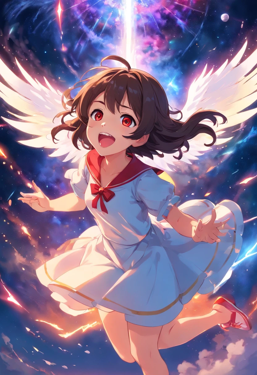 Cute teen princess girl draining the universe, villain, evil, open mouth, mean laugh, long hair, thin, schoolgirl outfit, red eyes glowing, looking at viewer, from below, crown, angel wings,