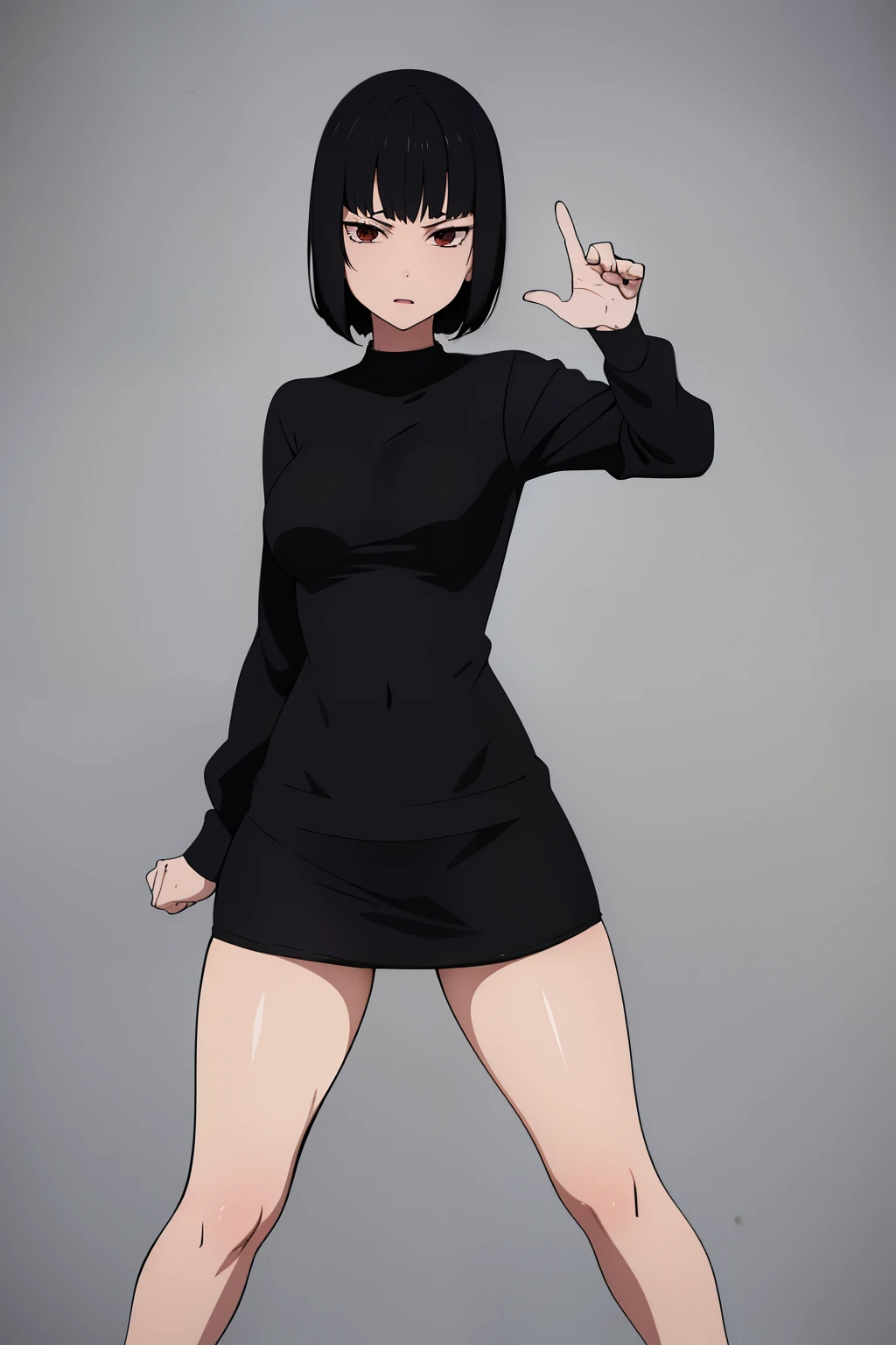 
 (masterpiece), super quality, expressive eyes,asian mild adult, black pixie cut hair,black skirt, black tank top , Fishnet stockings,big ass,standing looking at viewer , viewing from front