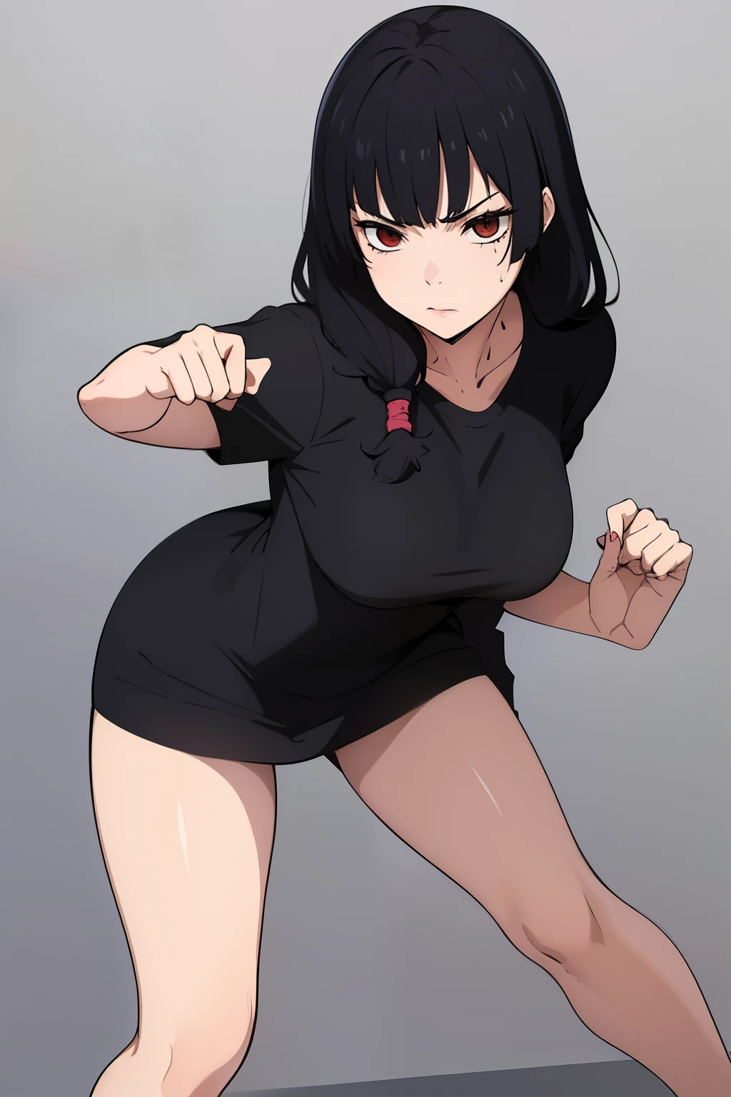 Cute girl,black hair pulled up, black clothes, full body,boy, a young girl, Bangs up, hair standing up, Combat stance, Fighting stance, Hand drawing is better, sexy body, Better eye drawing, finer details, high quality, sexy,