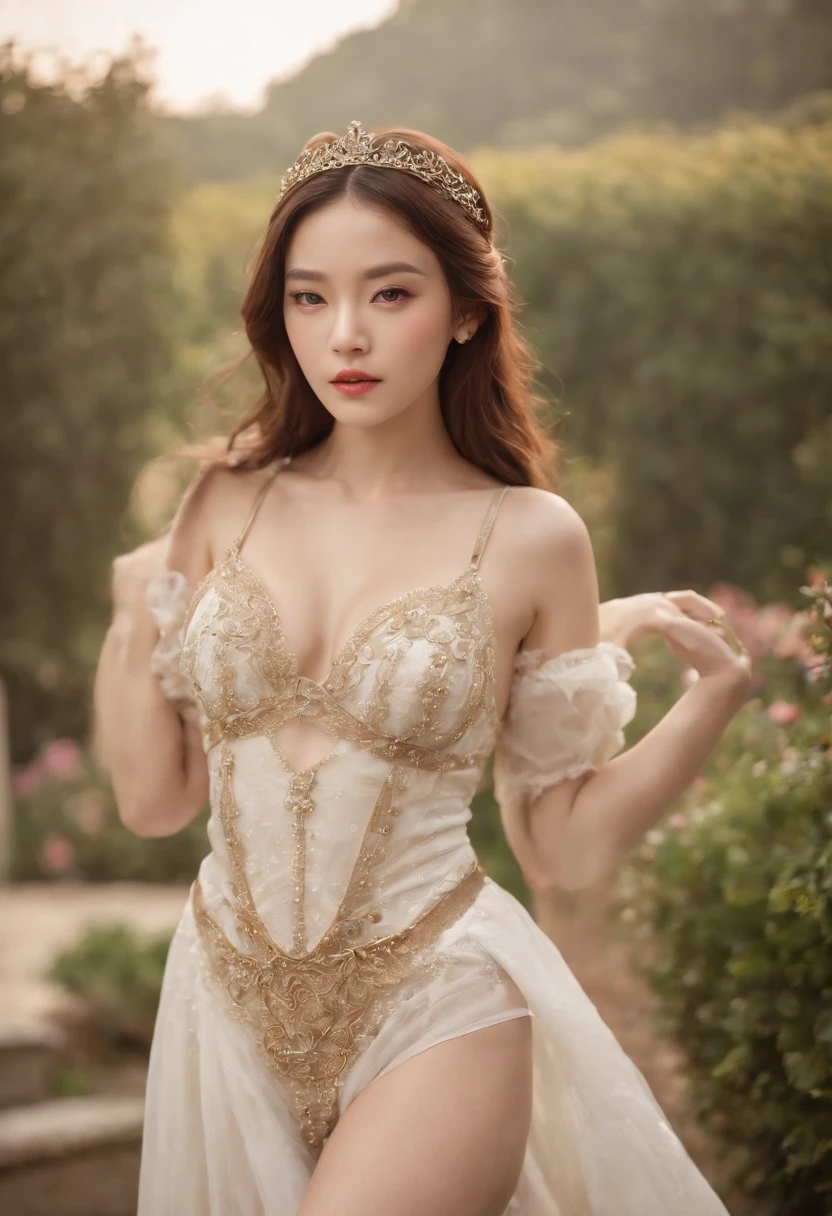 fashion editorial, realism, erotic korean model, different cinematic model positions, very beautiful high detailed face and body, Princess in Sisi Style chain Jewellery gems harness lingerie, stocking, shiny, dynamic lights, ultrarealistic, different cinematic images, Royal Palace, in 1866 playing with a ball in a garden, breathtaking beautiful scene,
