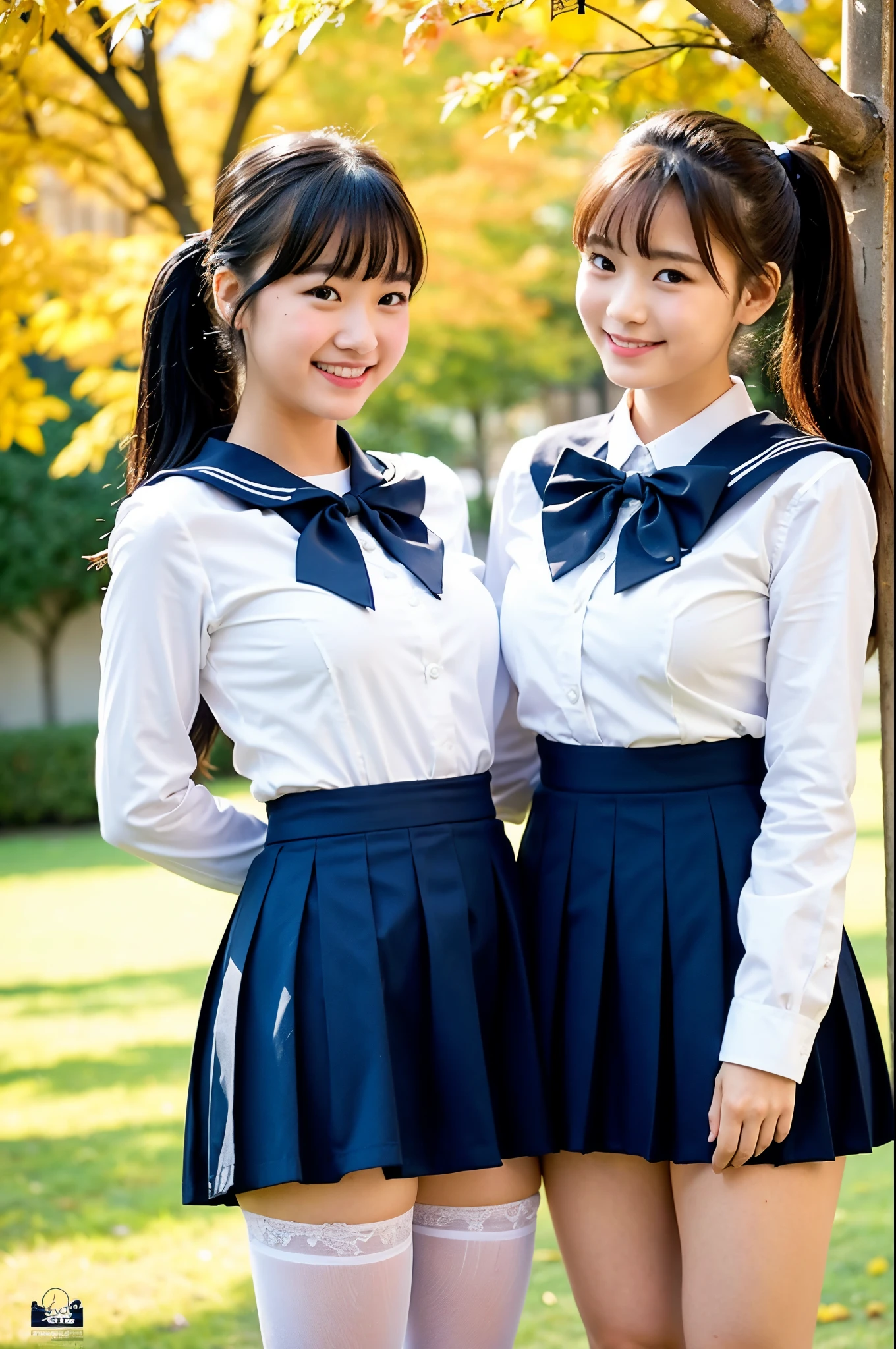girls in school classroom,long-sleeved white sailor shirt,white ,navy blue pleated micro mini skirt,18-year-old,bangs,a little smile,thighs,knees,short cut hair,low ponytail,from below,front-lighting