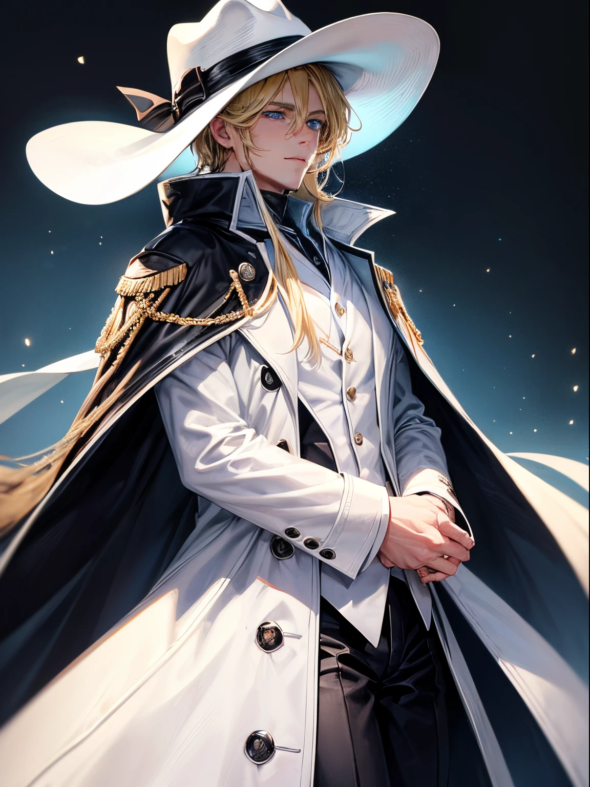 Handsome, blonde hair, blue eyes, cowboy, white hat, black coat