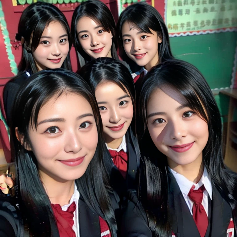 a picture、(multiple girls),((6+girls))、10 girls、The same face、10 cute 16-year-old girls with long black hair in matching school uniforms、a smile、selfee、Classroom、Raw photo、same person