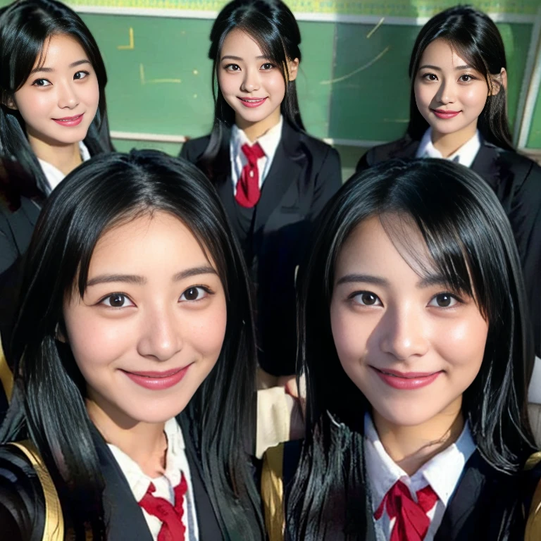 a picture、(multiple girls),((6+girls))、10 girls、The same face、10 cute ****************s with long black hair in matching school uniforms、a smile、selfee、‎Classroom、Raw photo、same person