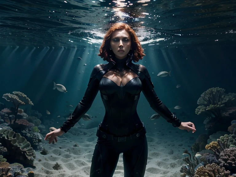 Imagine an intriguing image of Black Widow in an oceanic environment. Specify details like her stance, outfit, and the surrounding underwater elements. Consider incorporating play of light and shadows beneath the ocean's surface, emphasizing both the grace and strength of Black Widow. You may want to mention if you envision a specific mood, such as a stealthy underwater mission or a dramatic moment beneath the waves.