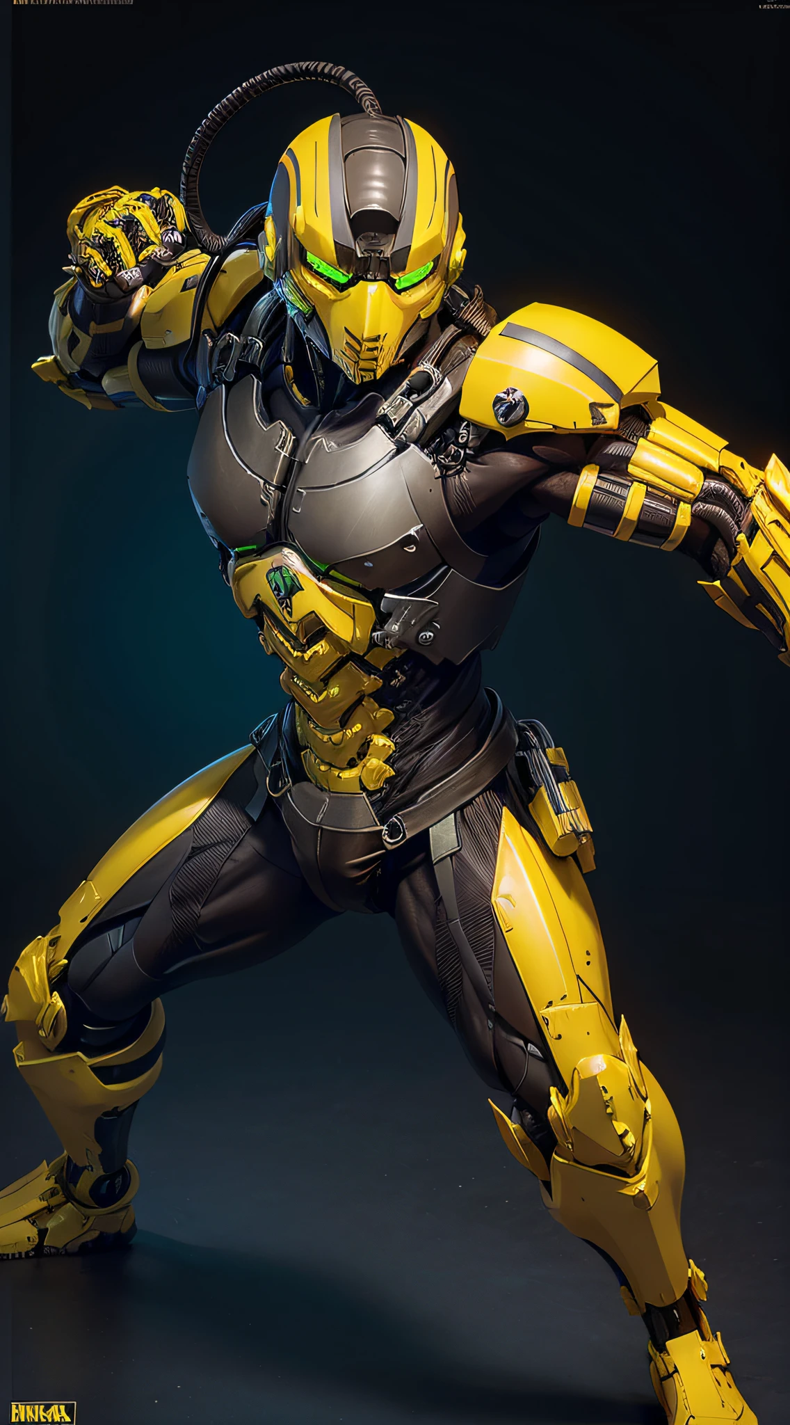 zxcrx, cyborg ninja wearing sleek, black and yellow armour that incorporates various mechanical components, his face is covered by a helmet with a green visor, wileds explosive bomb, equipped with arm-mounted buzzsaw blades, intricate, high detail, sharp focus, dramatic, photorealistic painting art by greg rutkowski