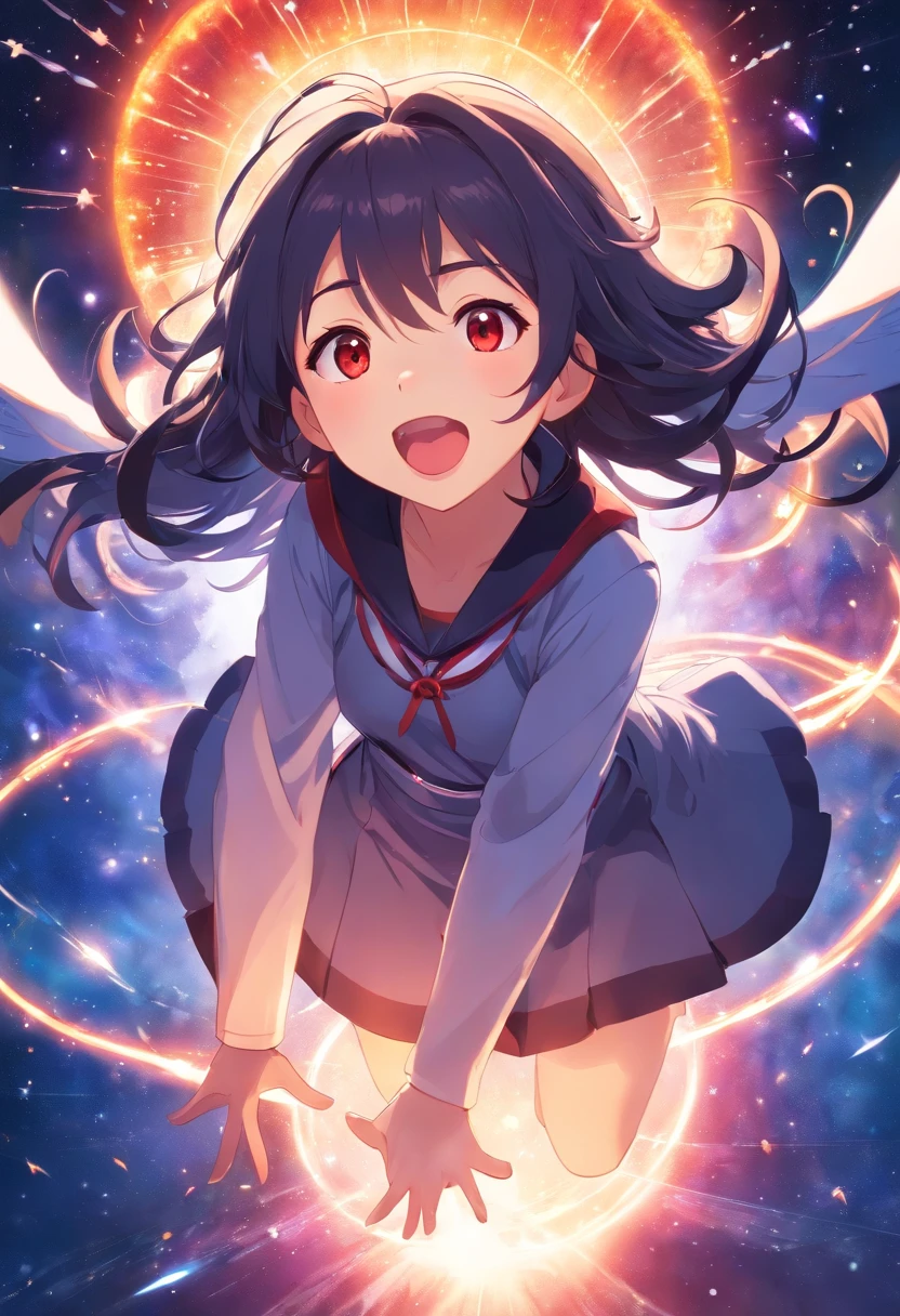 Cute divine teen witch girl draining the universe, villain, evil, open mouth, mean laugh, long hair, thin, sorceress outfit, red eyes glowing, looking at viewer, from below, crown, angel wings, magic circle, life stream,