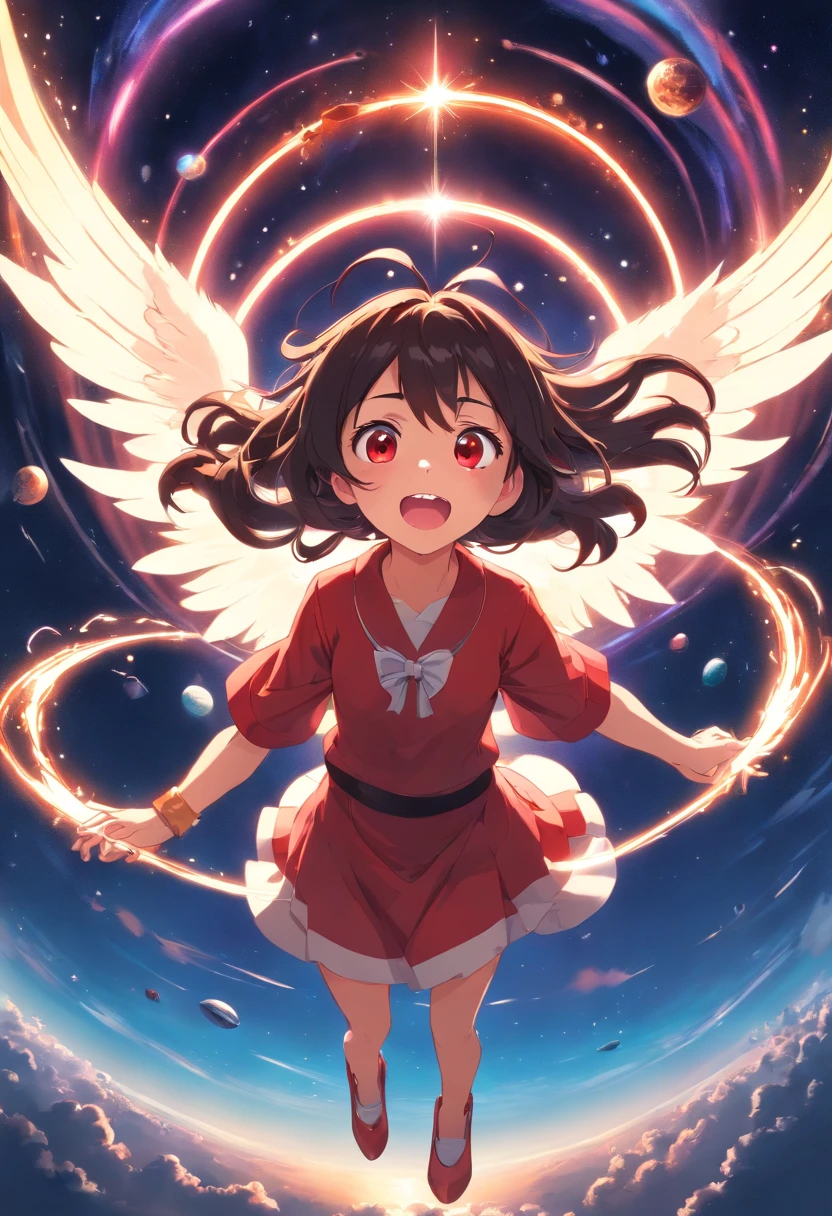 Cute divine teen witch girl draining the universe, villain, evil, open mouth, mean laugh, long hair, thin, sorceress outfit, red eyes glowing, looking at viewer, from below, crown, angel wings, magic circle, life stream,