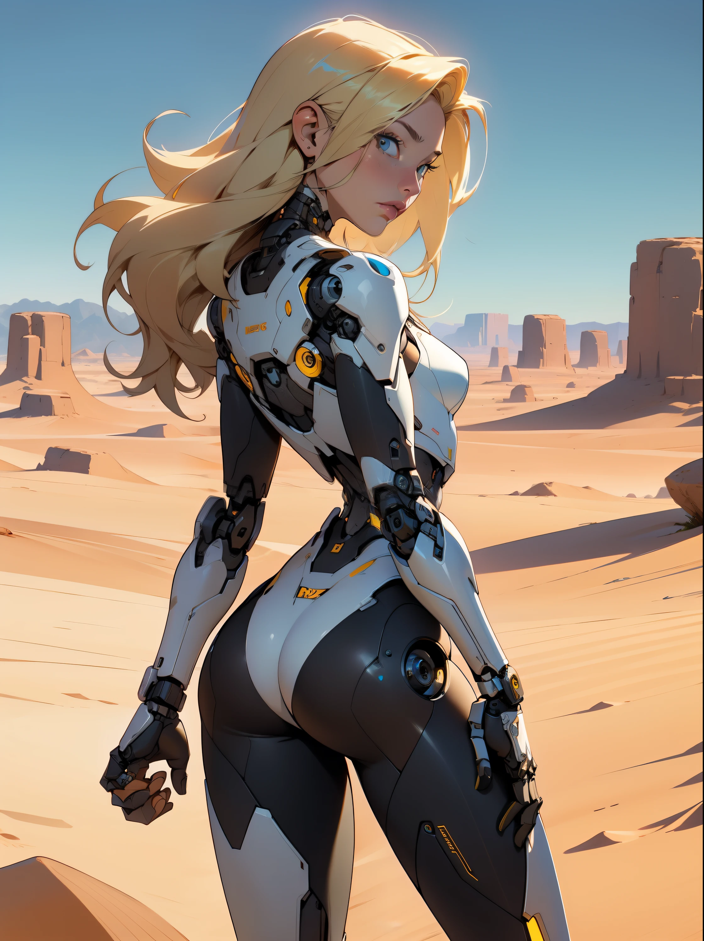 high quality, 4k, masterpiece, beautiful, cyborg girl, cowboy shot, dull eyes, back side, turning around to look at viewer, long blonde hair, girl, small breasts, fit thigh, robotic arms, robotic body, cyborg body, yellow accent, redaccent, intricate detail, joint, detailed lines, robotic detail, holding fist up, holding hand up as fist, color robotic parts, robotic parts with color, perfect fingers, on a desert planet, sunny background, colorful desert,
