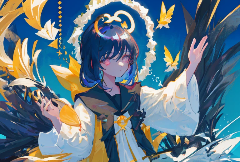 1girl, fringe, dark eyes, eye shadow, in a bathrobe, Woman waving her hands in the air, bubbles, the wind, dark aura, luminous skin, night time, blue sky, dark shadows, twin drills, Shiny hair, Dark halo, glowing eyes, Detailed background, water:1.2, Flowers:1.2, Masterpiece, 8K, woods、Natural background, like a, For example, shore of the lake、Efficient use of light and shadow、 Realistic & ultra realisic, kindness,  extremely detail, (Colorful:1.1), (Colorful Background1:1), (#30B3FF:1.5), (#FA52F4:1.1), Dance with Unearthly Creatures, Tarot symbols, bird、bee、