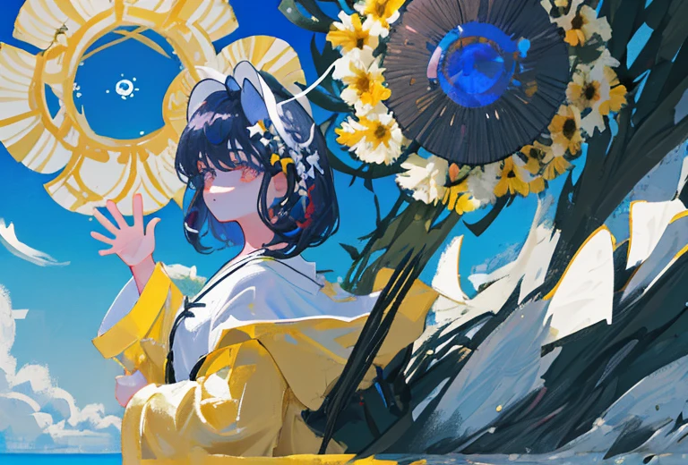 1girl, fringe, dark eyes, eye shadow, in a bathrobe, Woman waving her hands in the air, bubbles, the wind, dark aura, luminous skin, night time, blue sky, dark shadows, twin drills, Shiny hair, Dark halo, glowing eyes, Detailed background, water:1.2, Flowers:1.2, Masterpiece, 8K, woods、Natural background, like a, For example, shore of the lake、Efficient use of light and shadow、 Realistic & ultra realisic, kindness,  extremely detail, (Colorful:1.1), (Colorful Background1:1), (#30B3FF:1.5), (#FA52F4:1.1), Dance with Unearthly Creatures, Tarot symbols, bird、bee、