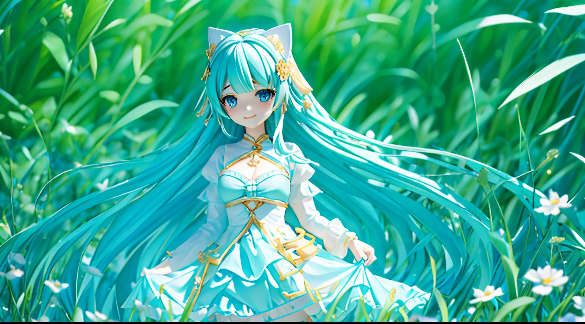 Full body, The most detailed girls, depthoffield, Large breasts,A smile、 shiny, neat figure, Beautiful detailed girl, 17 age、 long light wavy hair, Flowing hair, Air bangs, beautiful detailed long hair, Hair intake, pale blue hair, Silky hair, extremely detailed cute anime face, A smile, beautiful detailed deep eyes, Cat ears, Delicate hands, cleavage cutout, zettai ryouiki, pale blue eyes, Smooth skin, Delicate gold metal decoration, flower, frilly dress, Puffy Short Sleeves, Translucent short skirt, leg ribbon, Brightly colored clothing, landscapes, delicate glow, grass field, spark of light, refined rendering, the Extremely Detailed CG Unity 8K Wallpapers, Best Quality, ultra-detailliert,Background glow、3d rendered、