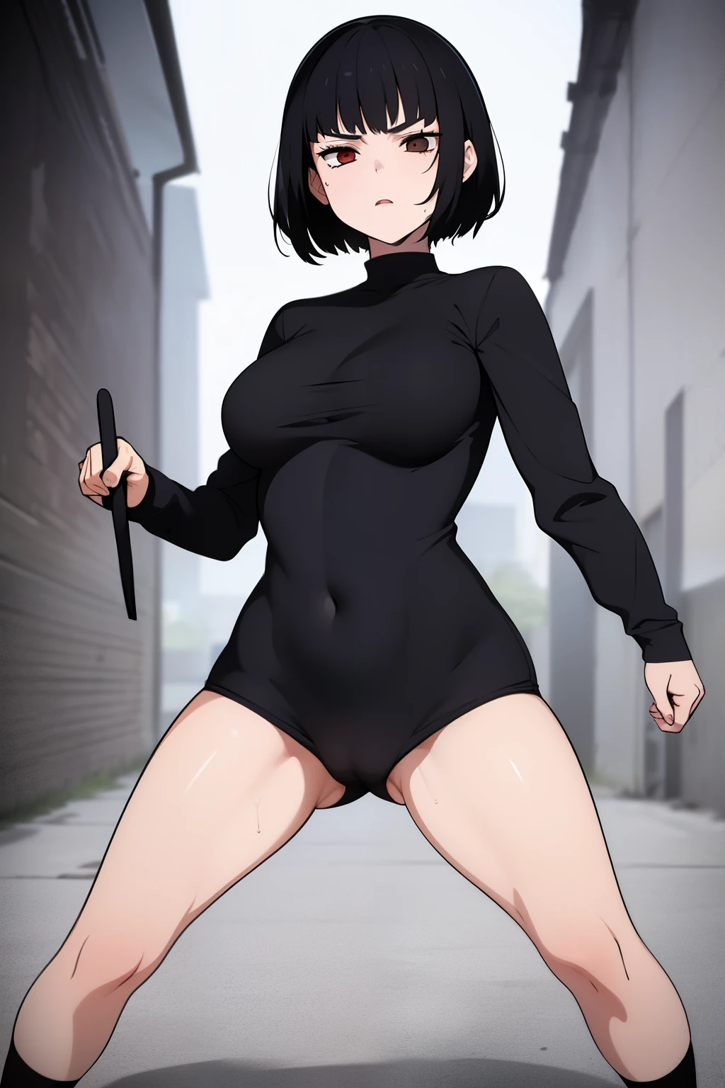 Cute girl,black hair pulled up, black clothes, full body,boy, a young girl, Bangs up, hair standing up, Combat stance, Fighting stance, Hand drawing is better, sexy body, Better eye drawing, finer details, high quality, sexy,