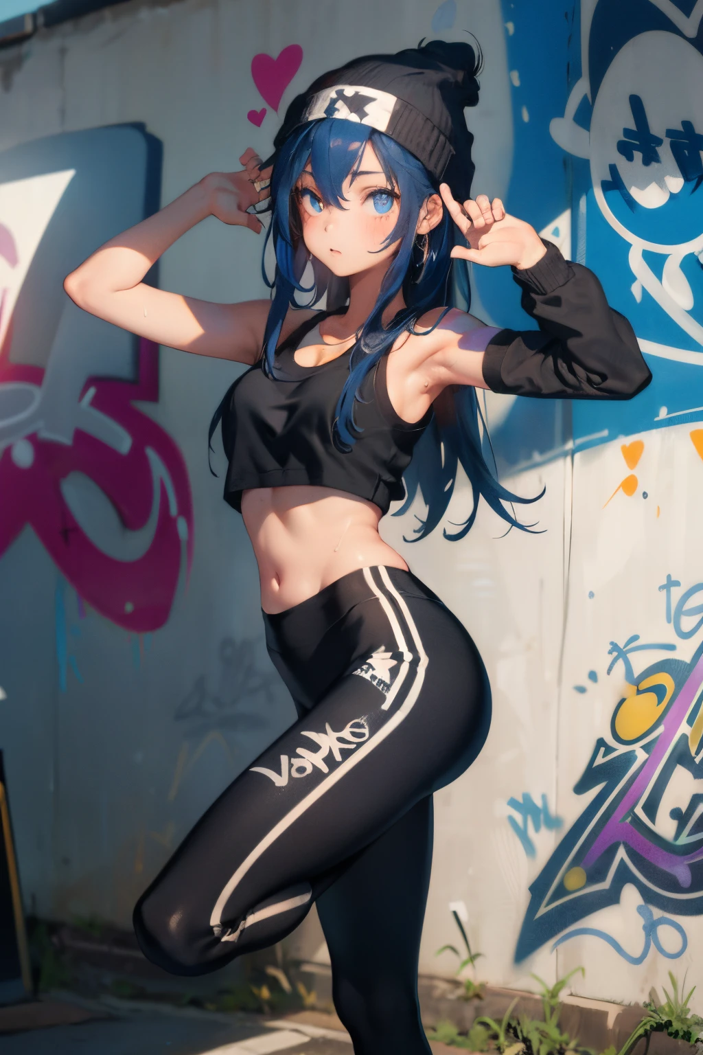 (masterpiece:1.2、top-quality)、(graffiti wall:1.2)、1lady、Beanie、jaket、leggins、blue eyess、yogapose、,Single 1 Girl,I'm embarrassed to look away,White short socks,with a good figure,sport tank top,black yoga pants, sweat leggs ,Heart of Love