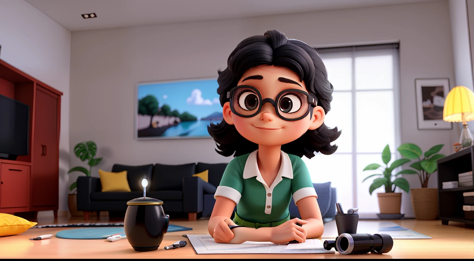 Mulher de 35 anos Branca, cabelo longo e preto, olhos castanhos, wearing goggles, um pouco gordinha, ambience of your home in the living room sitting with the light illuminating cinematic light, luz suave, retroiluminado, micro detalhes, renderizado, fotorrealista, cinemactic , 85 mm 1