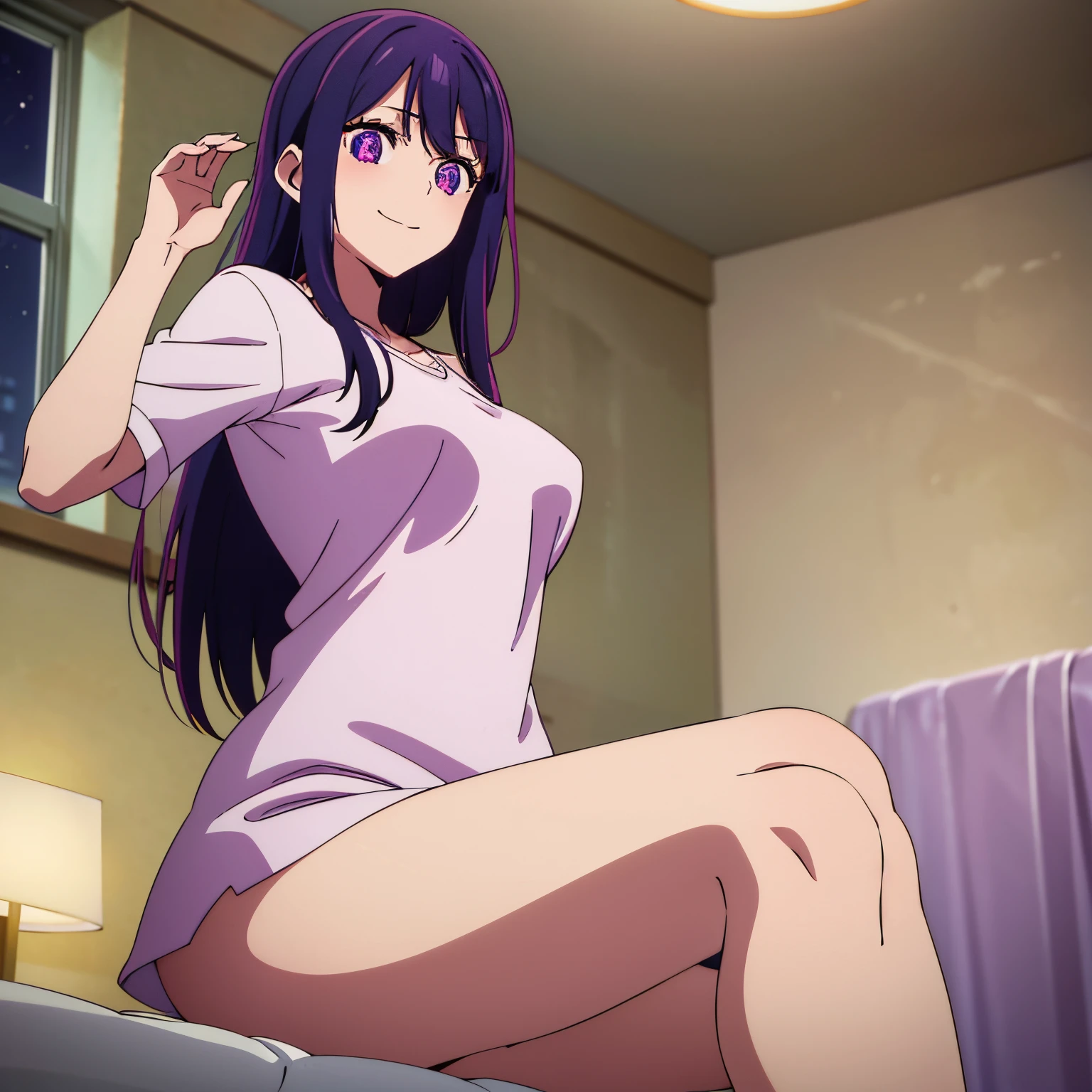 pov (from below), Masterpiece, Best quality, Ai Hoshino, 1 girl, alone, long hair, purple hair, purple eyes, six-pointed star pupils, babydoll, black babydoll, legs open, sitting, sitting on bed, room, night, window, night light, low lighting, closed mouth, big tits, looking at viewer, wide thighs, medium hips, smile, makeup, embarrassed