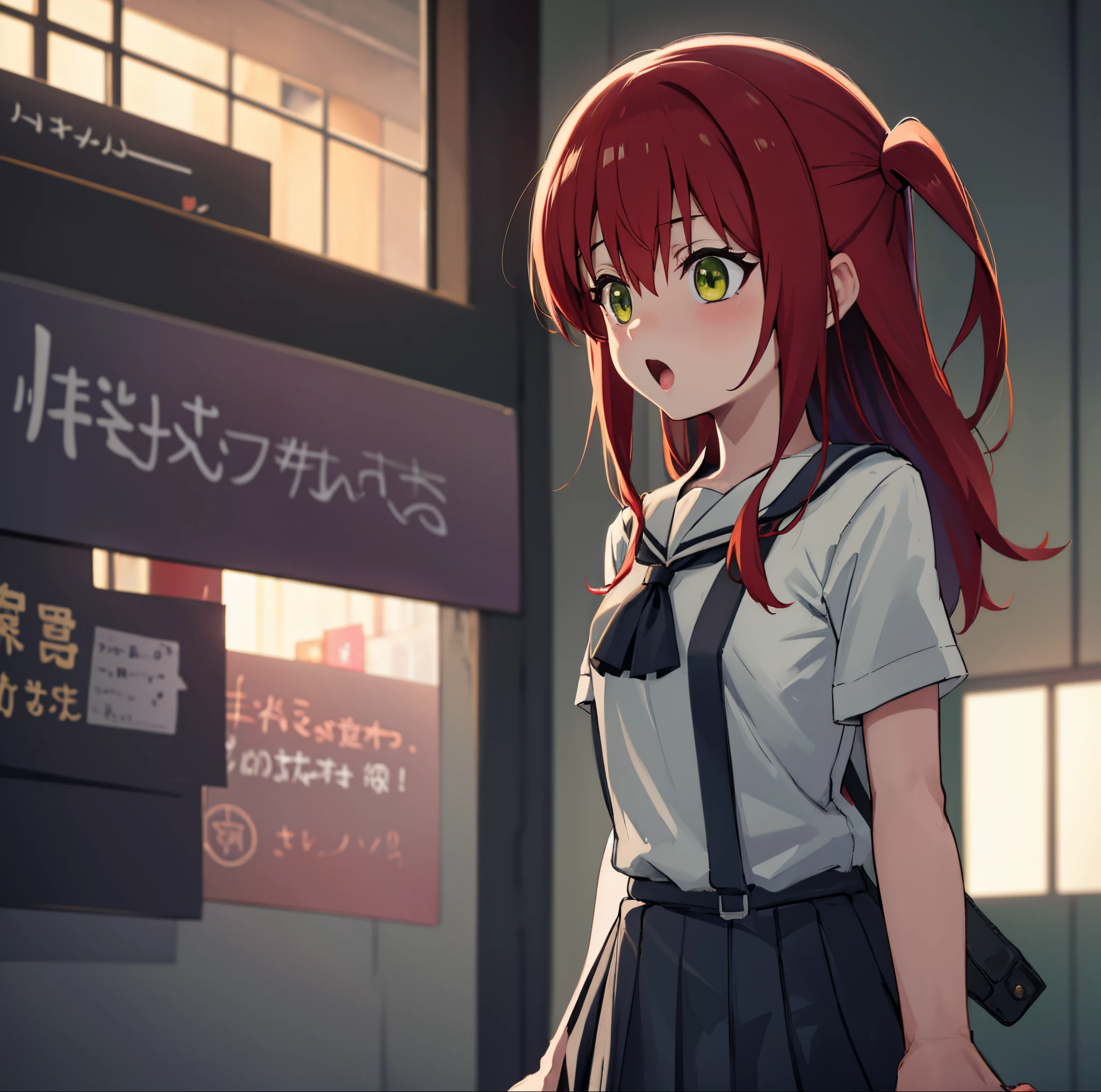 kitaikuyo, ikuyo kita, (green eyes:1.5), hair between eyes, long hair, one side up, red hair, (flat chest:1.2),
BREAK black footwear, black skirt, grey sailor collar, pleated skirt, sailor collar, school uniform, shoes, short sleeves, shuka high school uniform, skirt,,
BREAK looking at viewer,
BREAK indoors, classroom,
BREAK (masterpiece:1.2), best quality, high resolution, unity 8k wallpaper, (illustration:0.8), (beautiful detailed eyes:1.6), extremely detailed face, perfect lighting, extremely detailed CG, (perfect hands, perfect anatomy),up chest.big breasts.((((Surprised face)))).open mouth.