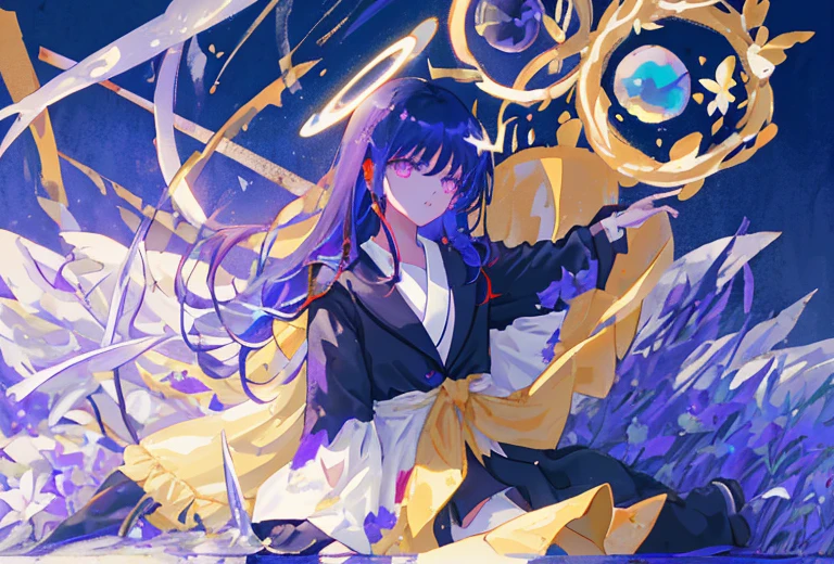 1girl, fringe, dark eyes, eye shadow, in a bathrobe, Woman waving her hands in the air, bubbles, the wind, dark aura, luminous skin, night time, blue skies, dark shadows, twin drills, Shiny hair, Dark halo, glowing eyes, Detailed background, water:1.2, Flowers:1.2, Masterpiece, 8K, woods、Natural background, like a, For example, shore of the lake、Efficient use of light and shadow、 Realistic & ultra realisic, kindness, extremely detail, (Colorful:1.1), (Colorful Background1:1), (#30B3FF:1.5), (#FA52F4:1.1), Dance with Unearthly Creatures, Tarot symbols, bird、bee、Purple