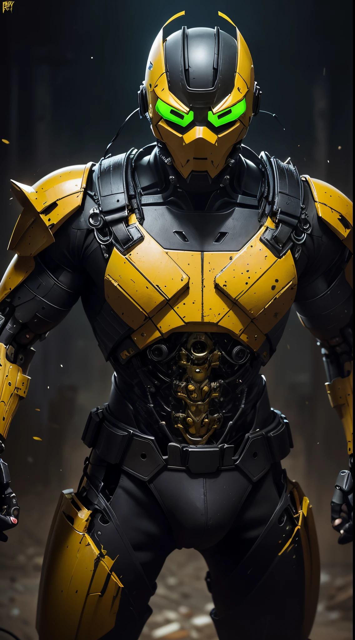 zxcrx, cyborg ninja wearing sleek, black and yellow armour that incorporates various mechanical components, his face is covered by a helmet with a green visor, wileds explosive bomb, equipped with arm-mounted buzzsaw blades, intricate, high detail, sharp focus, dramatic, photorealistic painting art by greg rutkowski