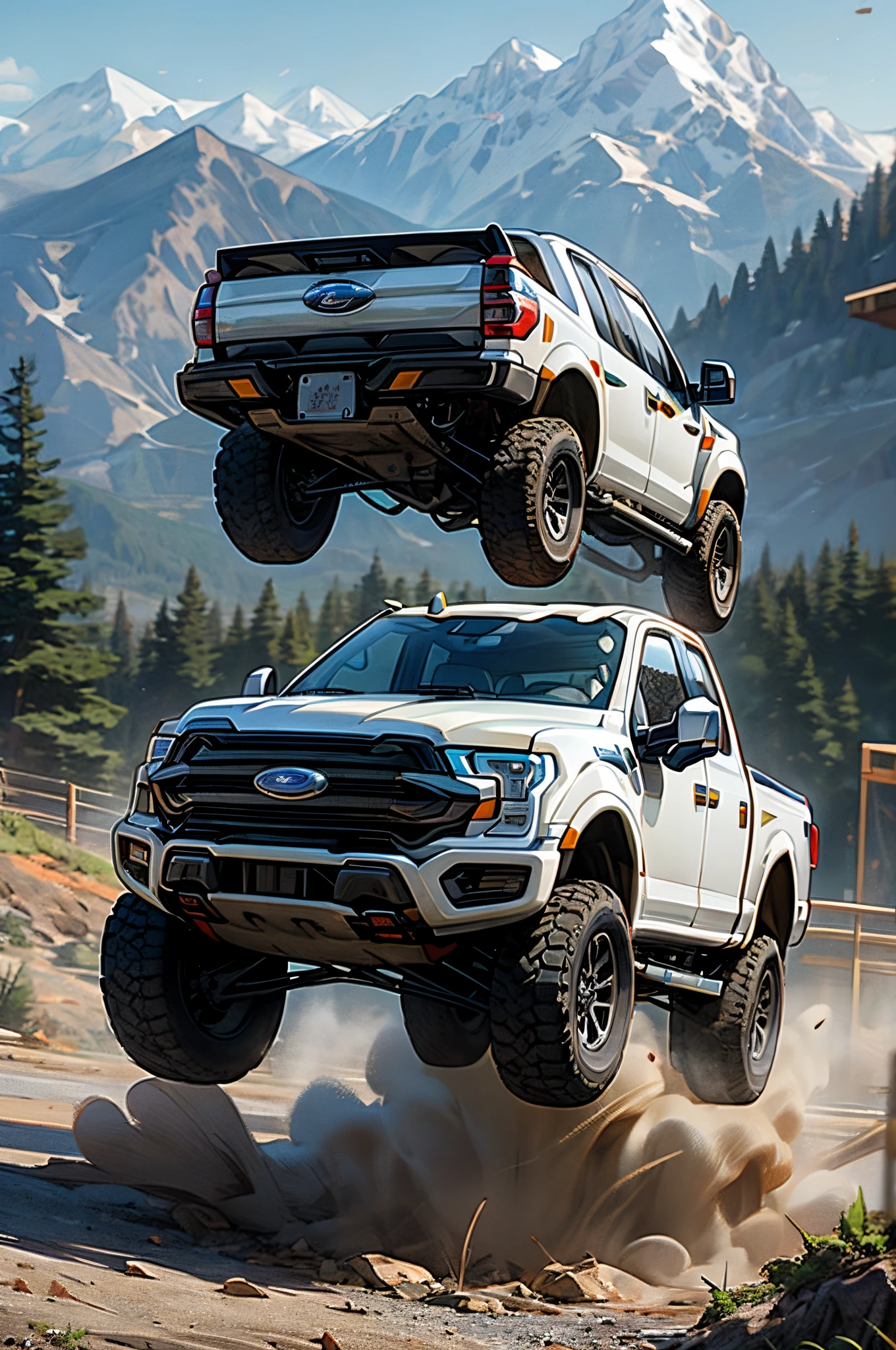 Hi res, Pixar 3D, cartoon white 2017 ford F150 4x4 with mountains in the background