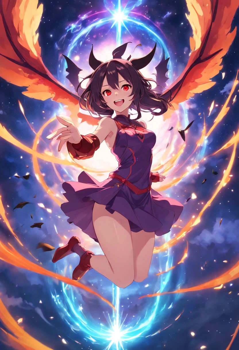 Malicious divine succubus witch girl siphoning the universe, villain, ((mean)), evil, open mouth, wicked smile, long hair, thin, sorceress outfit, red eyes glowing, looking at viewer, from below, crown, angel wings, magic circle, life stream,