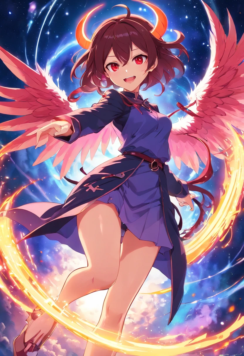 Malicious divine succubus witch girl siphoning the universe, villain, ((mean)), evil, open mouth, wicked smile, long hair, thin, sorceress outfit, red eyes glowing, looking at viewer, from below, crown, angel wings, magic circle, life stream,