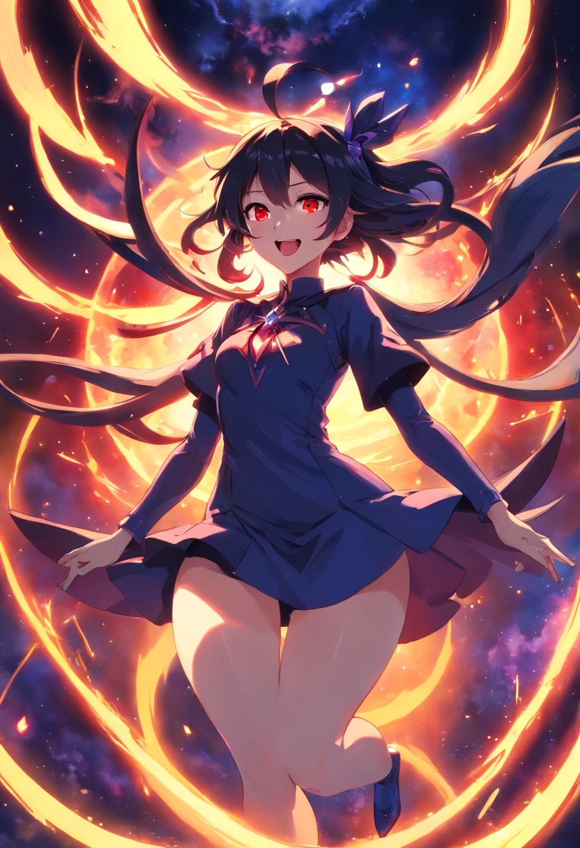 Malicious divine succubus witch girl siphoning the universe, villain, ((mean)), evil, open mouth, wicked smile, long hair, thin, sorceress outfit, red eyes glowing, looking at viewer, from below, crown, angel wings, magic circle, life stream,