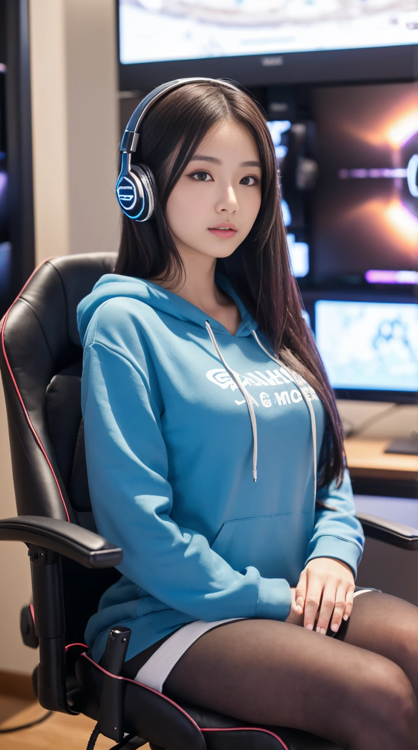 ((8K, Best Quality, Very detailed face, Very detailed eyes, Very detailed skin, Beautiful Japanese woman with perfect proportions, Looking at Viewer)), ((thick thight, wide pelvic) )), (Long hoodie, headphones), ((Sitting in a gaming chair)), (In a room with a game monitor)