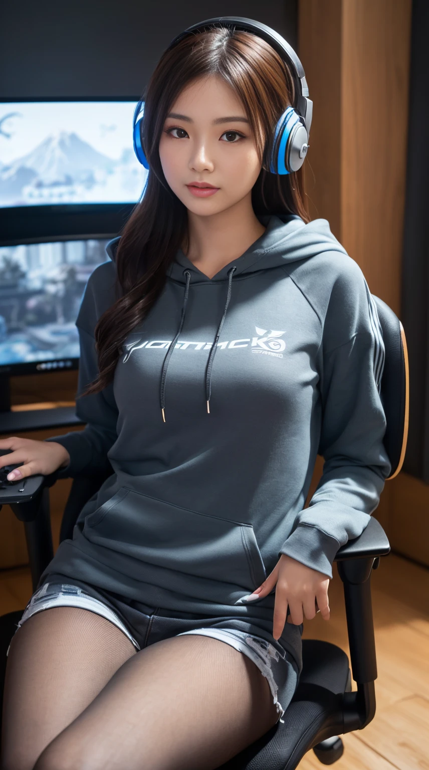 ((8K, Best Quality, Very detailed face, Very detailed eyes, Very detailed skin, Beautiful Japanese woman with perfect proportions, Looking at Viewer)), ((thick thight, wide pelvic) )), (Long hoodie, headphones), ((Sitting in a gaming chair)), (In a room with a game monitor)