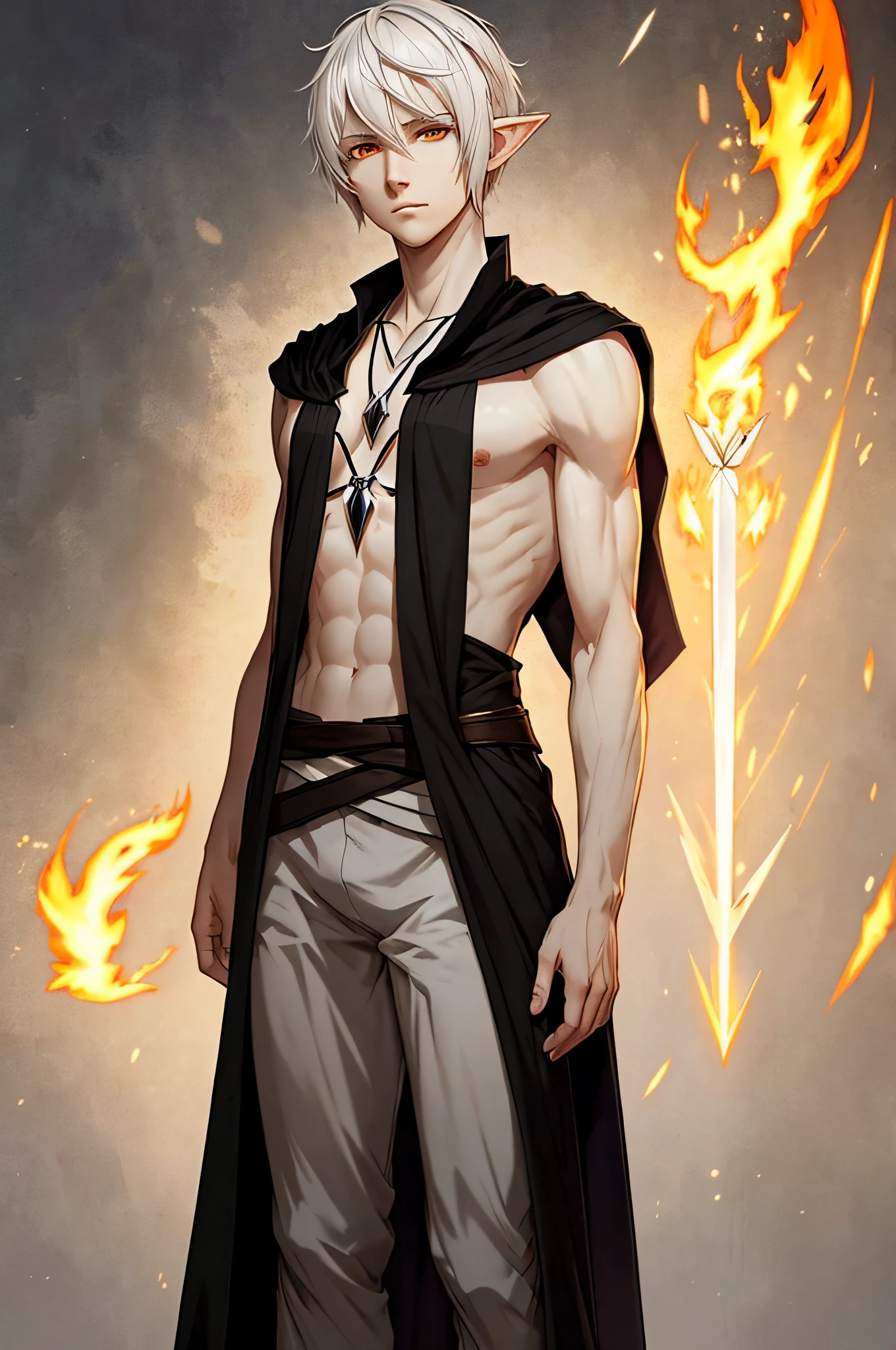 Full body. Half-elf with cloudy white hair hair, orange pupils, and a pale complexion. He has short hair. He's built scrawny but not thin. He has light colored clothes underneath the black robe. He has a fiery crystal necklace. Full body.