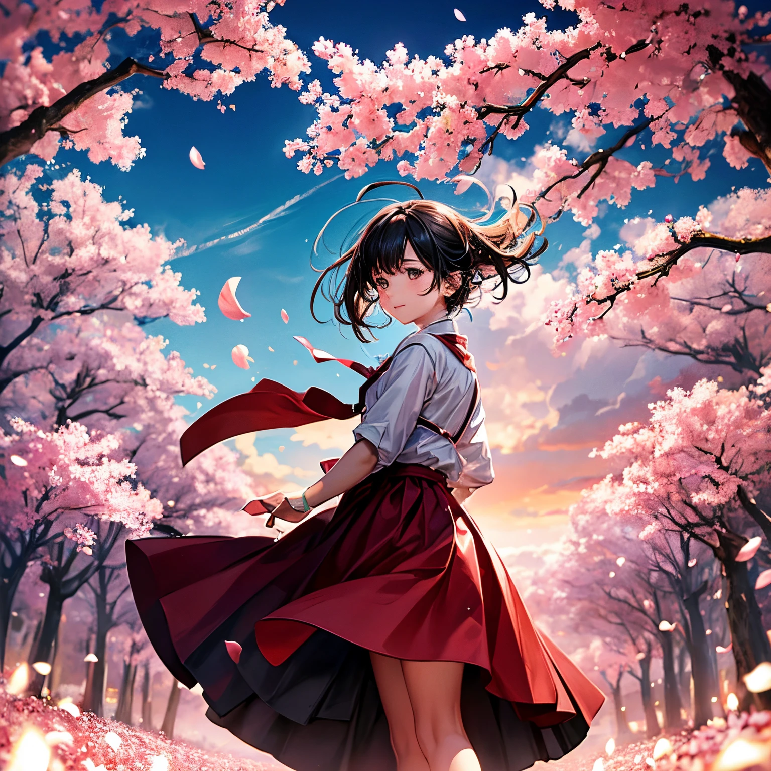 best quality, movie still, cinematic, a boy and a girl, clouds, floating in the sky, surrounded by a spiral of cherry blossoms,effect of small red hearts, bright, happy, low camera angle (sparks:0.9)