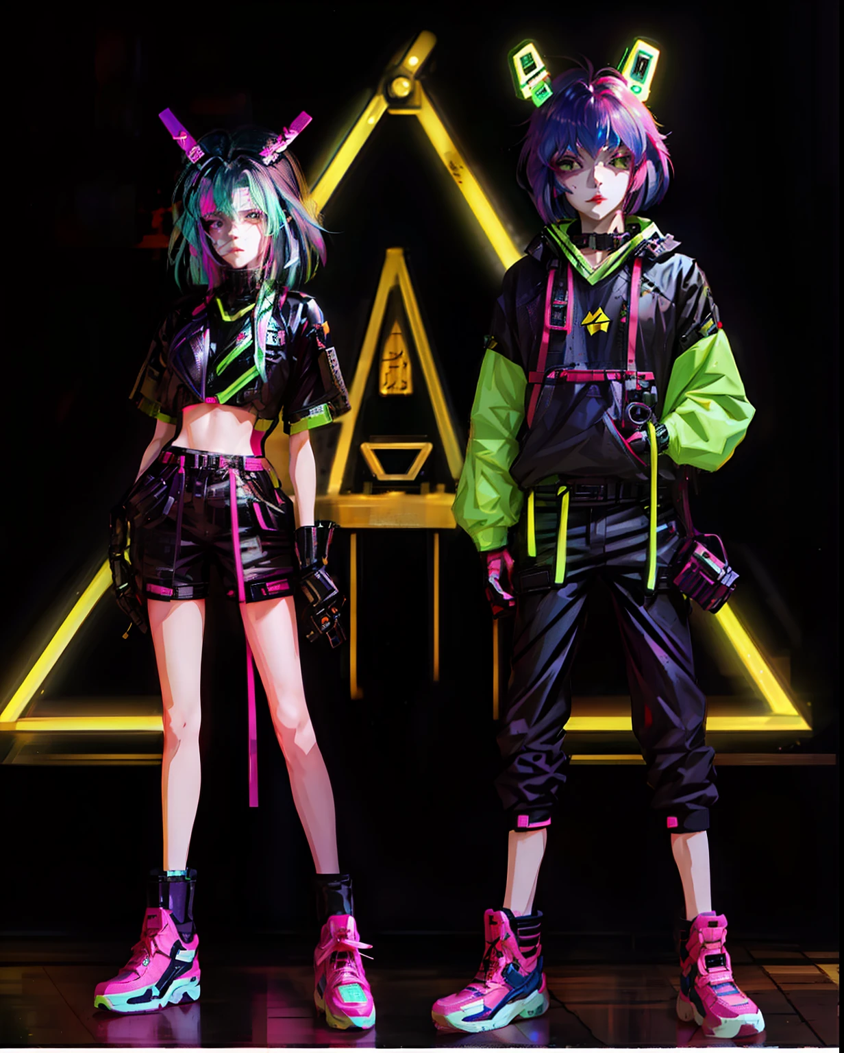 Anime girl in neon costume standing next to another boy in black and green costume, Anime style 4k, style of anime. 8K, neon and dark, neon armor, Neon cyberpunk style, network wear and tear, neonpunk, Anime cute art style, E-girls, E-girls, Anime style 3D, There is a cyberpunk style, High quality anime art style