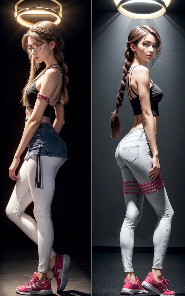 (8K, Masterpiece, RAW photo, Best quality, detail:1.3), (ultra realistic:1.4, scenary, 8K), Depth of field, Cinematic light, (ultra realistic face), (1 solo girl:1.7), (Beautiful and elegant Russian girl), ([tight miniskirt|tight leggings:1.8|tight skinny jeans|tight minidress|tight jean minishorts|tight minishorts]:1.4, [red:1.8|white|black|pink|purple]:1.4), (skinny girl with glasses), (European face:1.3), (natural abs), (full body:1.5), [tight minitop|tight jacket]:1.3, (small necklace, collarbone:1.1), ( Halo Braid hair:1.6), ([long hair|short hair]:1.5), (ultra detailed skin:1.4), (soft mate fabric:1.3), ([frontal view|side profile|back profile]:1.5)