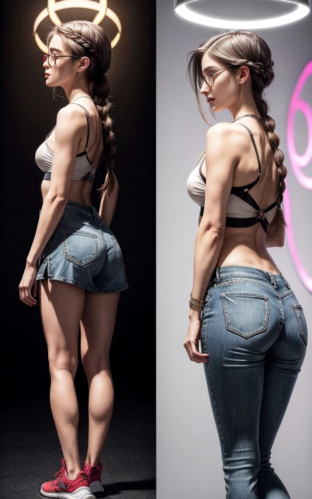 (8K, Masterpiece, RAW photo, Best quality, detail:1.3), (ultra realistic:1.4, scenary, 8K), Depth of field, Cinematic light, (ultra realistic face), (1 solo girl:1.7), (Beautiful and elegant Russian girl), ([tight miniskirt|tight leggings:1.8|tight skinny jeans|tight minidress|tight jean minishorts|tight minishorts]:1.4, [red:1.8|white|black|pink|purple]:1.4), (skinny girl with glasses), (European face:1.3), (natural abs), (full body:1.5), [tight minitop|tight jacket]:1.3, (small necklace, collarbone:1.1), ( Halo Braid hair:1.6), ([long hair|short hair]:1.5), (ultra detailed skin:1.4), (soft mate fabric:1.3), ([frontal view|side profile|back profile]:1.5)