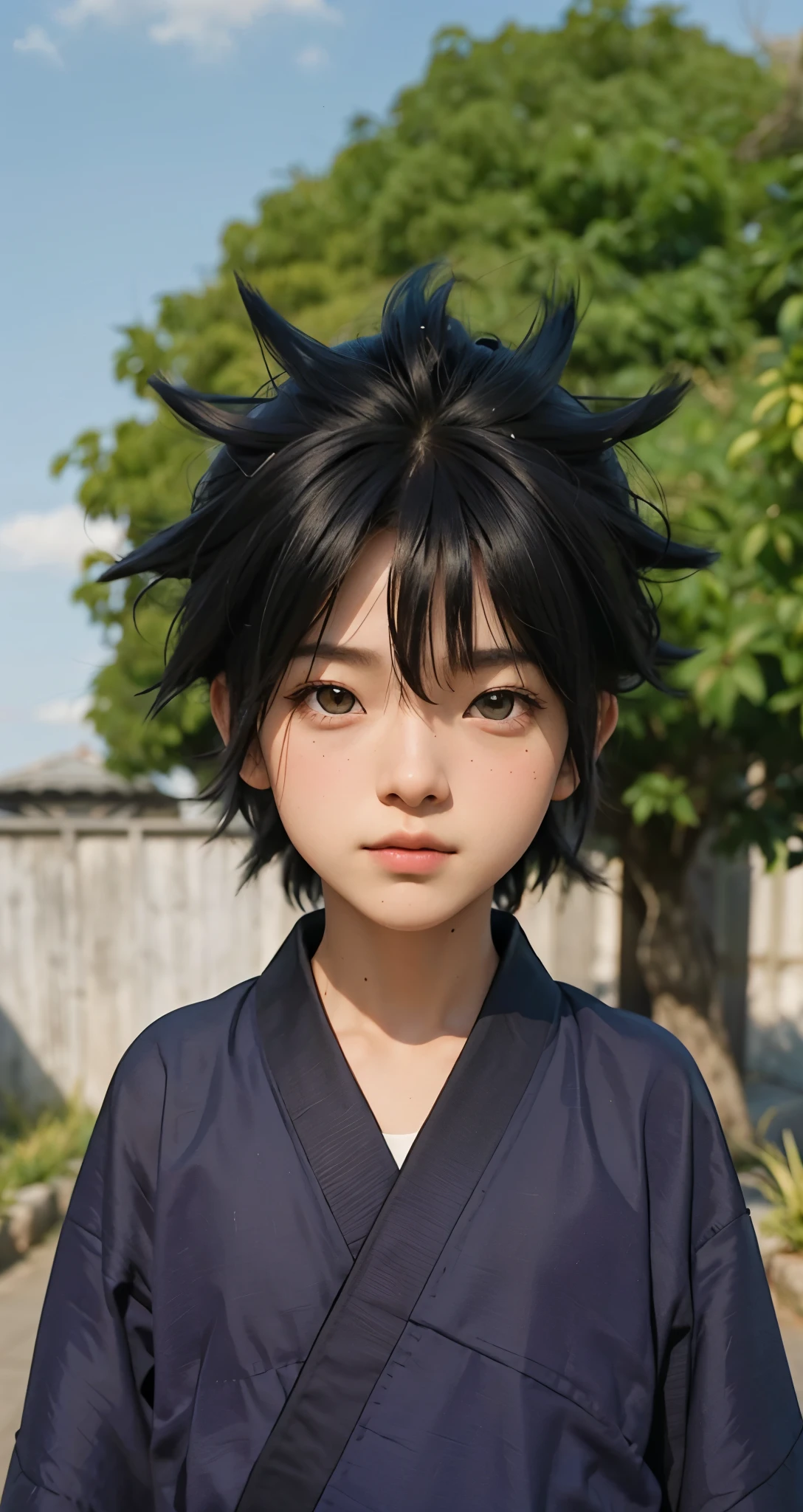 Real life adaption of this character ,The handsome face of a boy, realistic same spiky hair  , (realistic same outfit kimono), realistic background , realistic light, realistic shadow, realism, hyper realistic,(photorealistic:1.2), normal small eyes