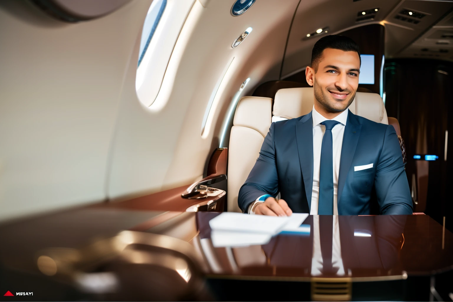 Alafid man in blue suit sitting on private jet, portrait shooting, flaunting his wealth, Luxury and elite, Looking proud, A masterpiece of bright light, CEO, welcoming smile, in cockpit, luxurious environment, elaborate composition, thumbnail, Reddit post, professional unique masterpiece, A smug smile, Best adobe stock, Extremely high budget