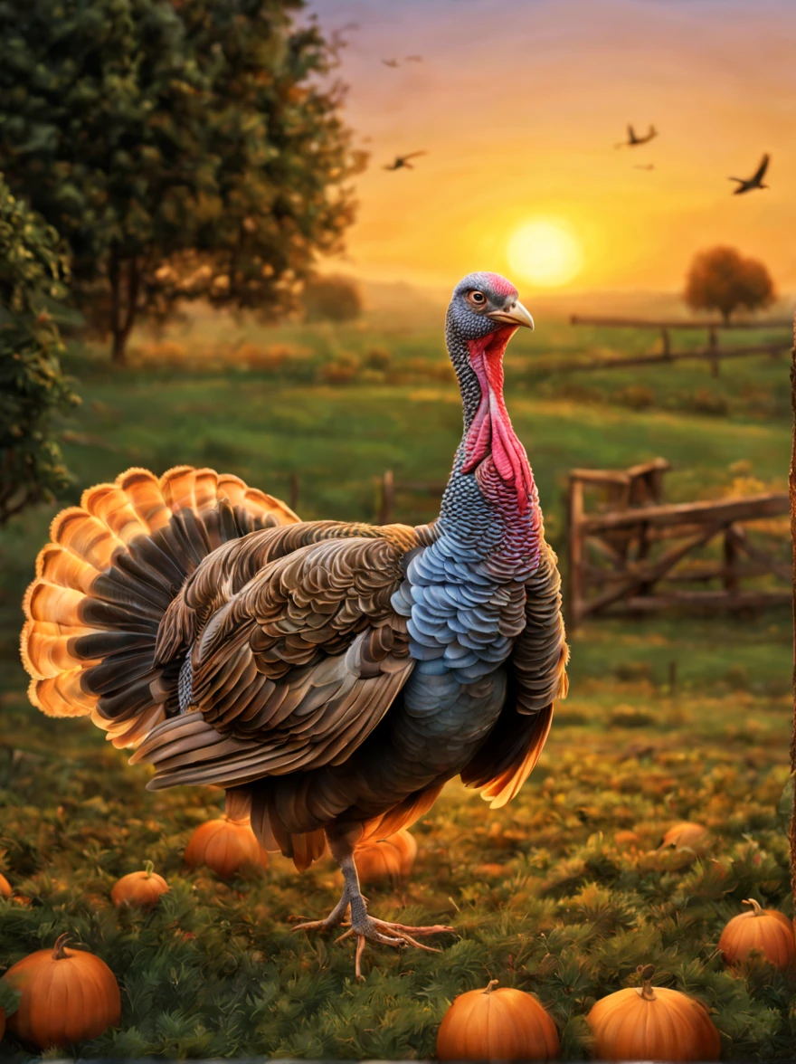 turkey,(turkey:a bird),farm at dawn,​masterpiece,top-quality,Flapping,dance,all displayed,,cute little,,A delightful,tre anatomically correct,,photoRealstic,