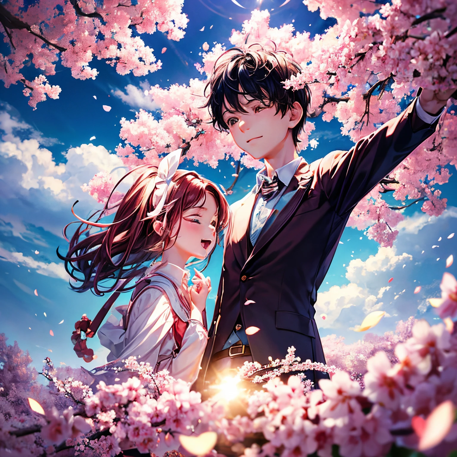 best quality, movie still, cinematic, a boy and a girl, clouds, floating in the sky, surrounded by a spiral of cherry blossoms,effect of small red hearts, bright, happy, low camera angle (sparks:0.9)