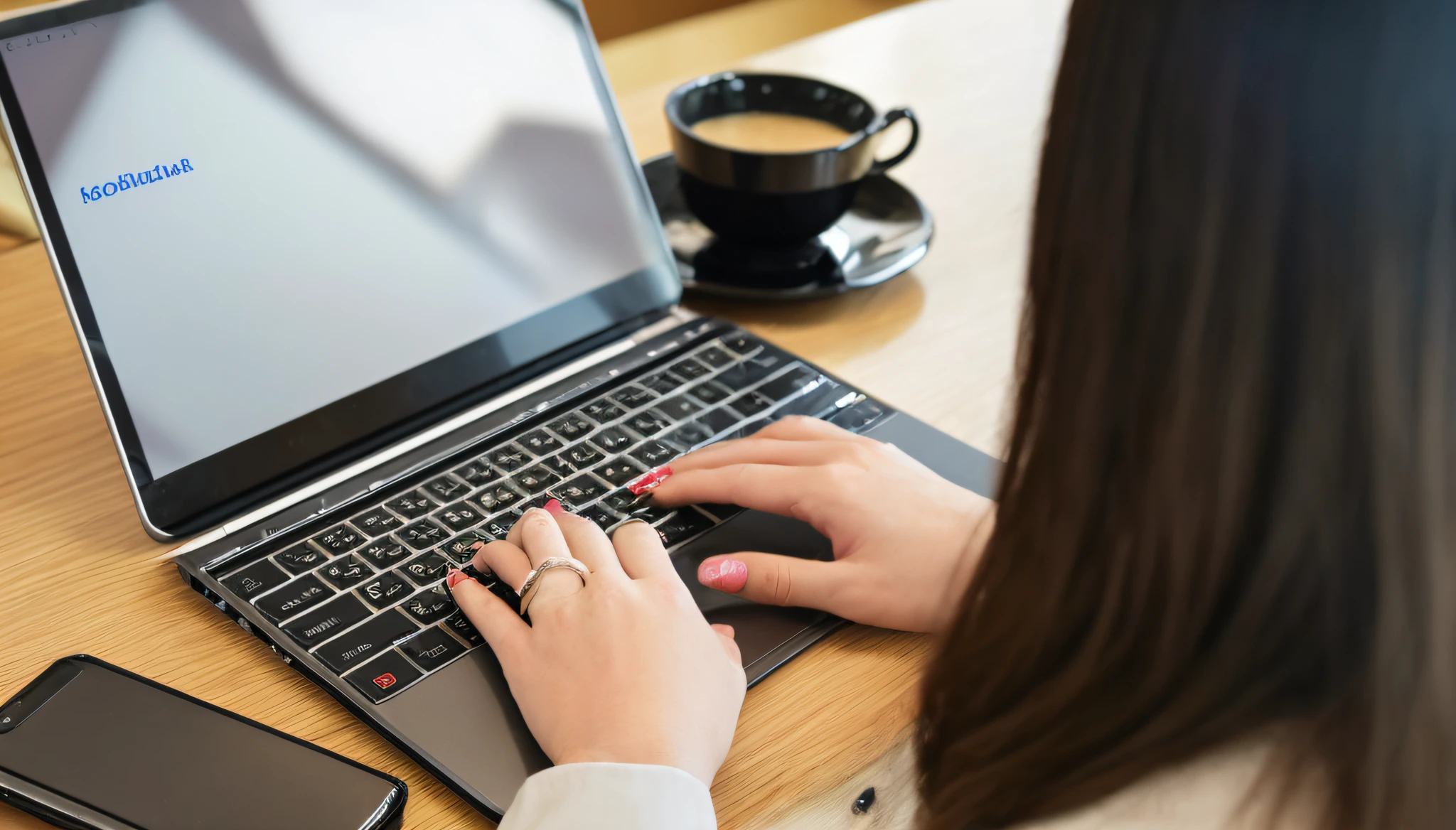 Someone is typing on a laptop with their mobile phone next to them, typing on laptop, working on a laptop at a desk, working on her laptop, Sit at the keyboard desk, sitting in front of a computer, sitting in front of computer, Using MacBook, In front of a computer, Bottom Angle, shutterstock, sitting at a computer desk