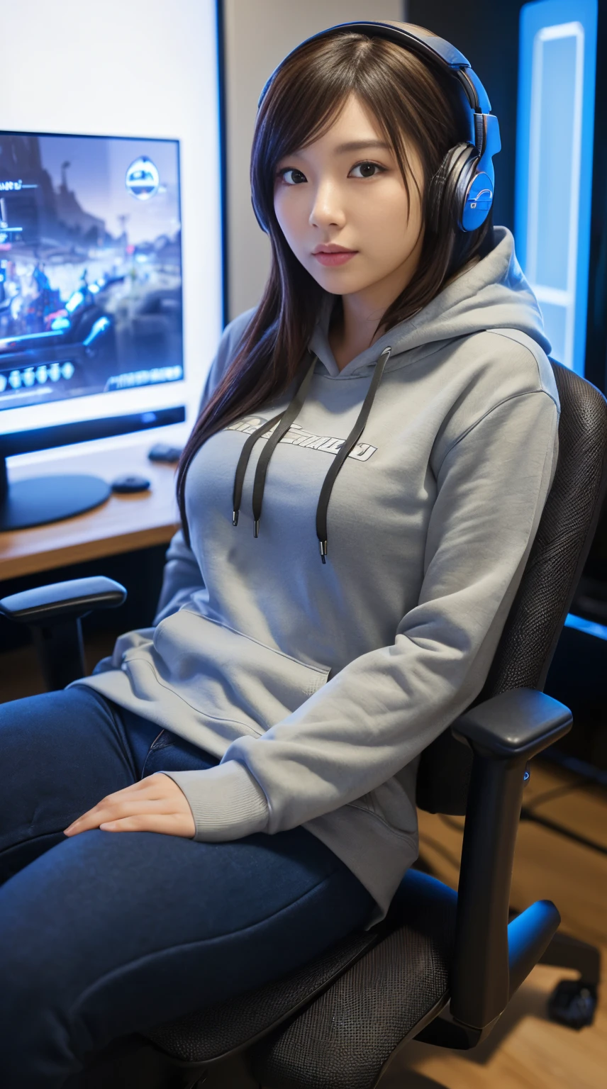 ((8K, Best Quality, Very detailed face, Very detailed eyes, Very detailed skin, Beautiful Japanese woman with perfect proportions, Looking at Viewer)), ((thick thight, wide pelvic) )), (Long hoodie, headphones), ((Sitting in a gaming chair)), (In a room with a game monitor)