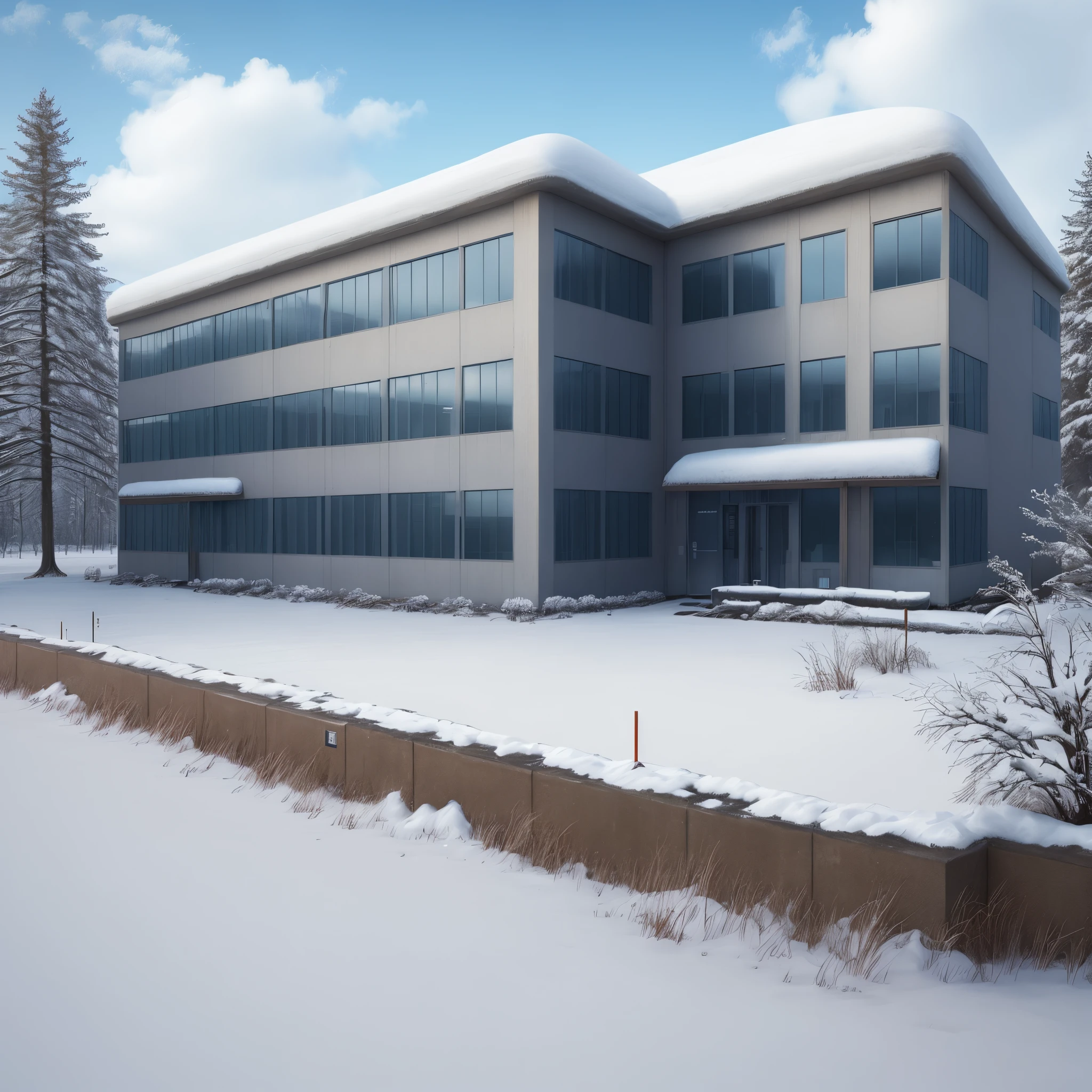 snowy field with high tech lab in the back and concrete walls around it