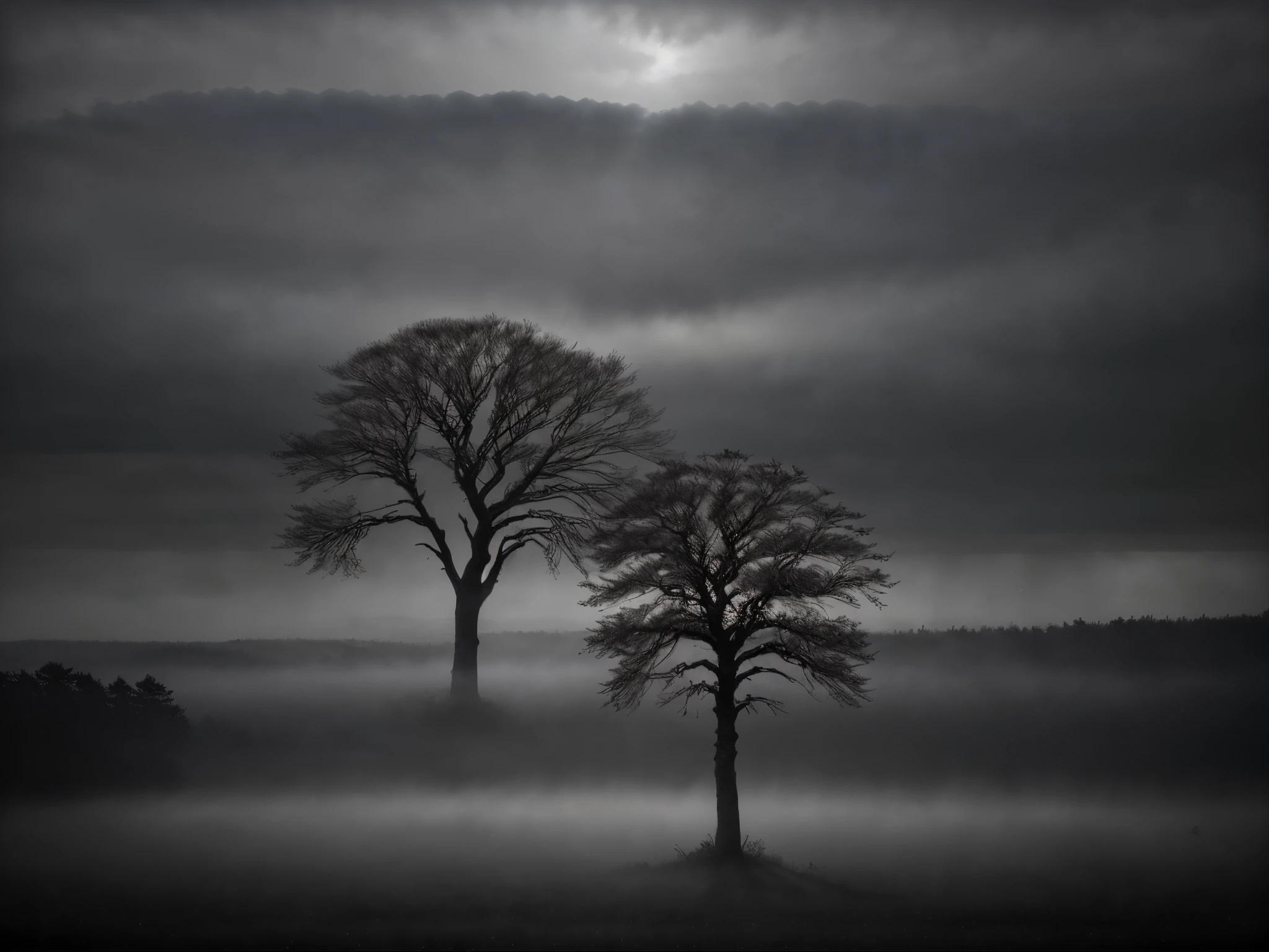 A misty and brooding sky creates a captivating play of light and shadows, infusing the scene with an atmospheric mood. The main subject of this photograph is a solitary tree, its gnarled branches reaching towards the heavens. The image, a high-resolution photograph, captures every intricate detail with exceptional clarity. The tree stands as a stoic figure, its silhouette beautifully contrasting against the moody backdrop. The sky's soft, hazy tones serve as a perfect backdrop, allowing the tree's branches to stand out prominently. This striking image evokes a sense of tranquility and introspection, inviting viewers to contemplate the enigmatic beauty of nature.