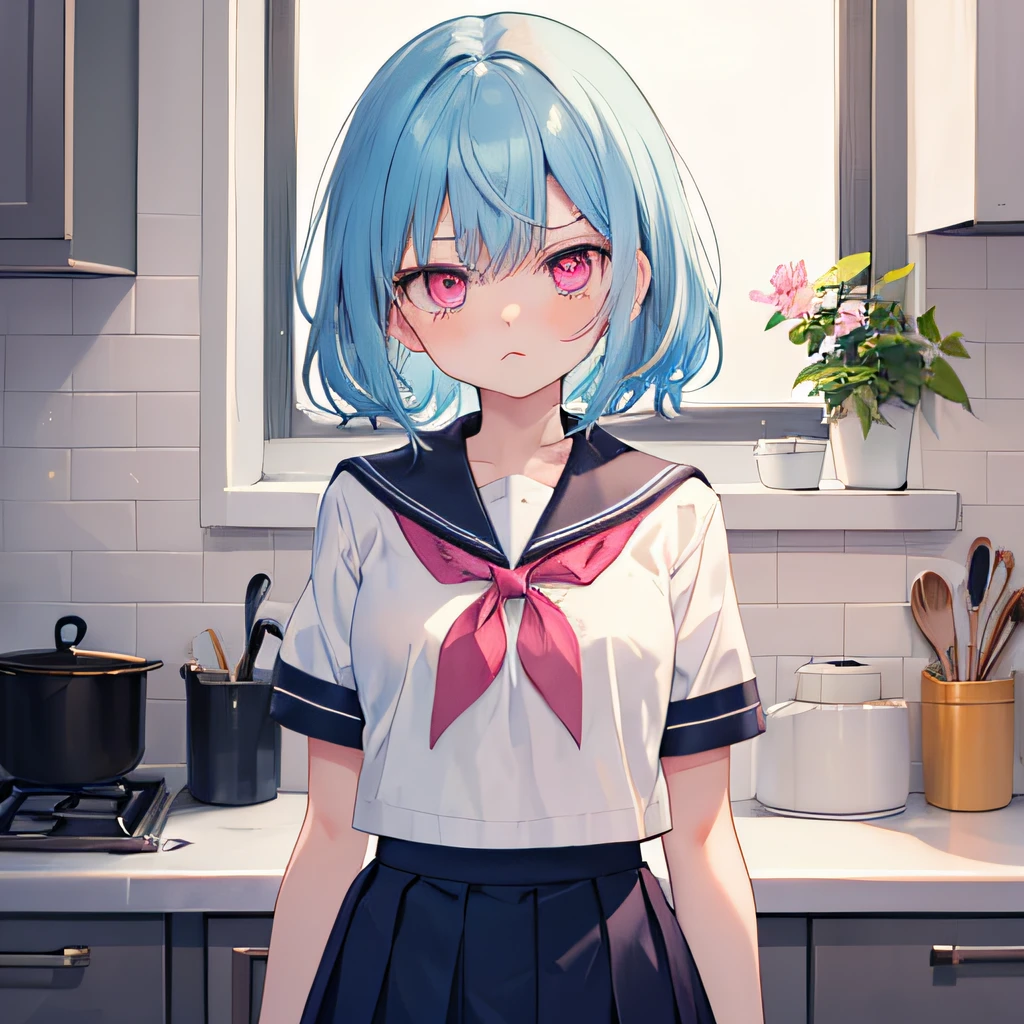 ((((masterpiece)))), 1 girl,cute,cute eyes,detailed hair,anime,highlight hair,beautiful hair, break , Short light blue hair,white short-sleeved sailor uniform school uniform plus skirt,White skin, in the kitchen , Pink eyes ,Pouting angrily,girl,small breasts