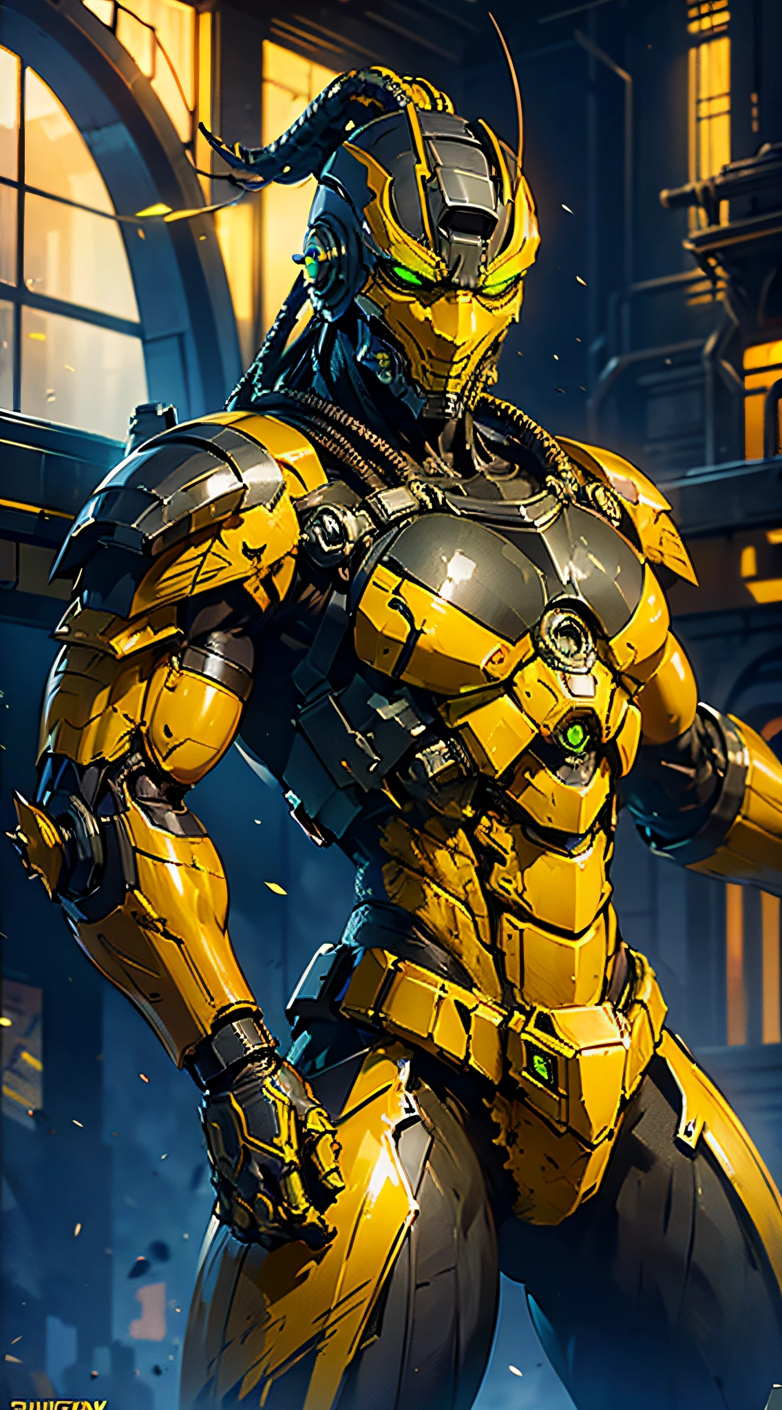 zxcrx, cyborg ninja wearing sleek, black and yellow armour that incorporates various mechanical components, his face is covered by a helmet with a green visor, wileds explosive bomb, equipped with arm-mounted buzzsaw blades, intricate, high detail, sharp focus, dramatic, photorealistic painting art by greg rutkowski