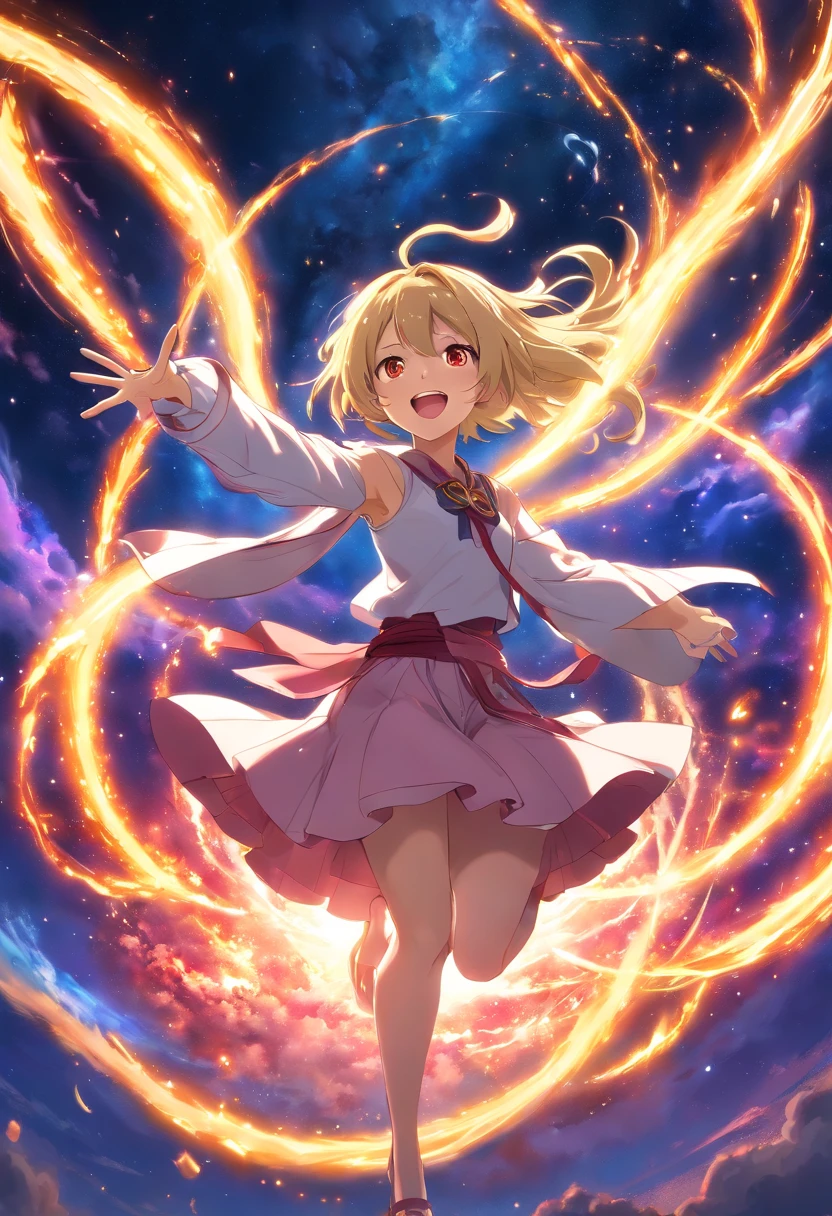 1girl, Malicious divine immortal witch girl goddess siphoning the universe, villain, ((mean)), evil, open mouth, wicked smile, long blond hair, thin, skinny, red eyes burning with magic, looking at viewer, from below, crown, angel wings, magic circle, life stream, masterpiece,