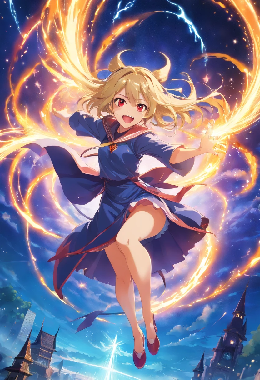 1girl, Malicious divine immortal witch girl goddess siphoning the universe, villain, ((mean)), evil, open mouth, wicked smile, long blond hair, thin, skinny, red eyes burning with magic, looking at viewer, from below, crown, angel wings, magic circle, life stream, masterpiece,