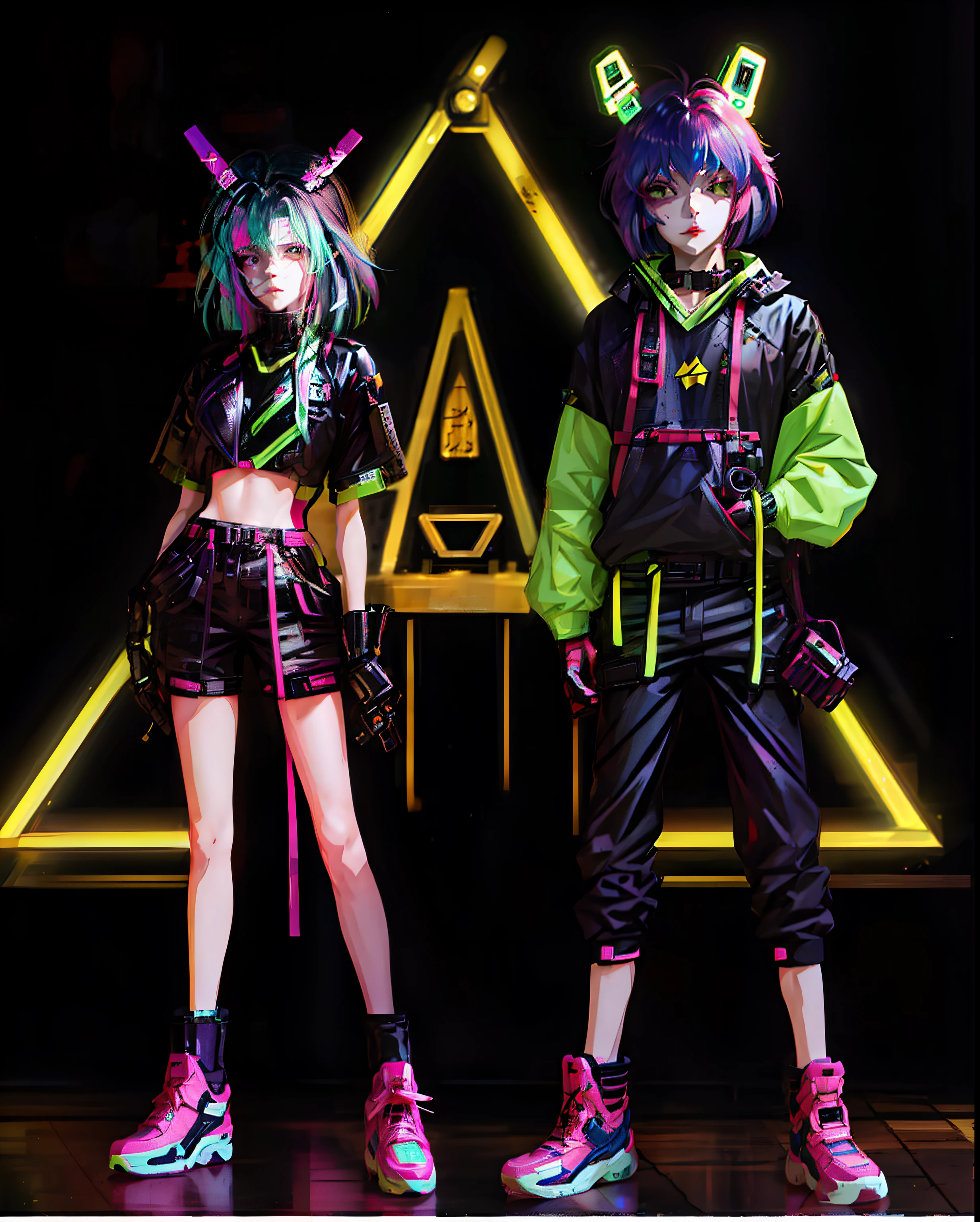 Anime girl in neon costume standing next to another boy in black and green costume, Anime style 4k, style of anime. 8K, neon and dark, neon armor, Neon cyberpunk style, network wear and tear, neonpunk, Anime cute art style, E-girls, E-girls, Anime style 3D, There is a cyberpunk style, High quality anime art style